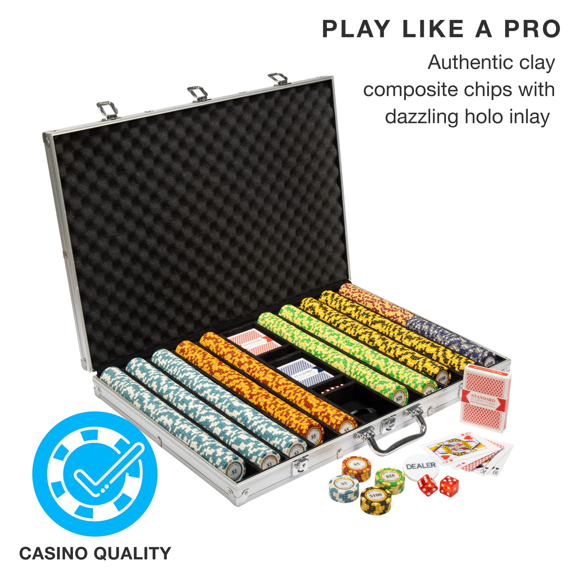 Brybelly 14 Gram 1000 Count Poker Chips Set - Monte Carlo Style 14G Clay Composite Casino Chips with Aluminum Case, Playing Cards & Dealer Button - Perfect for Texas Hold'em, Blackjack, Home Poker Nights & Casino Party Games | Durable Poker Accessories for Game Nights & Professional Play