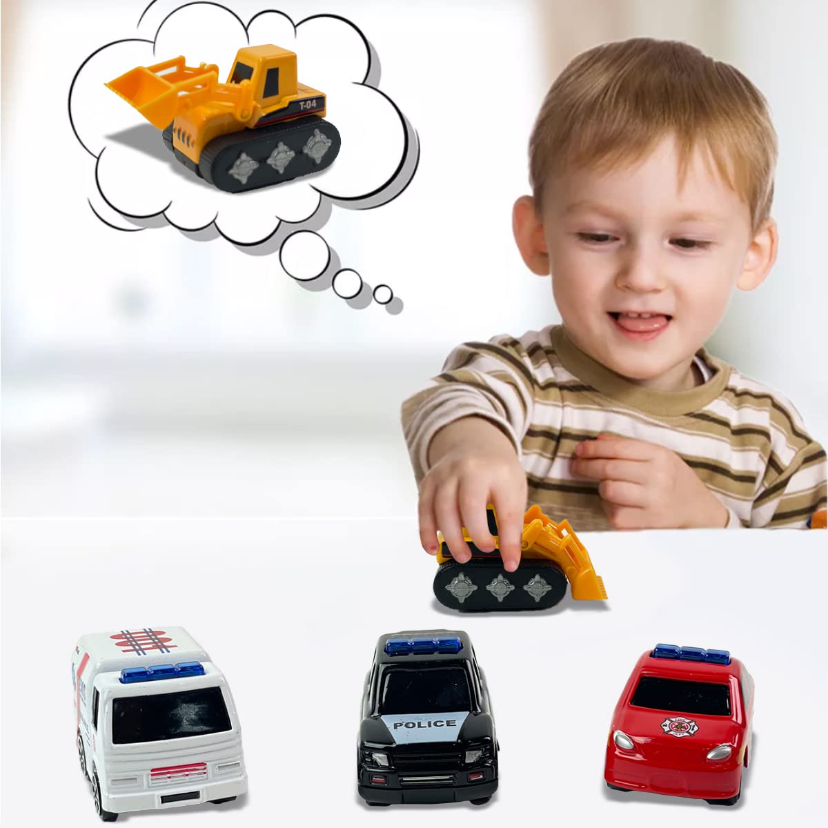 16-Piece Diecast Metal Toy Car Set with Police, Construction, Ambulance & Firetruck Vehicles - Durable Mini Trucks in 4 Storage Tubes - Perfect Gift for Kids, Birthday Party Favors & Pretend Play - Great for Home, School & Travel Playtime