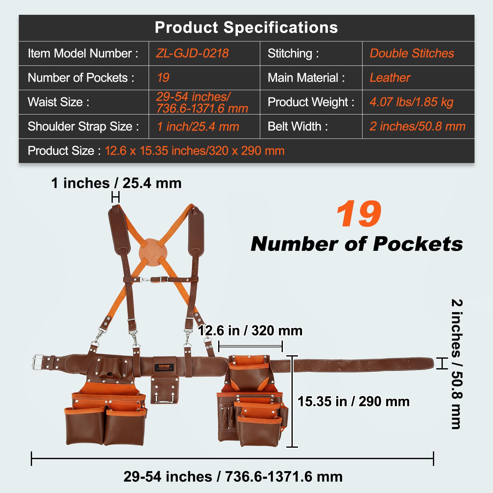 VEVOR Heavy Duty Leather Tool Belt with Suspenders - 19 Pockets Adjustable Waist 29-54 inches - Professional Carpenter Electrician Gardening Work Belt - Perfect for Construction, Woodworking & Outdoor Projects (Brown)