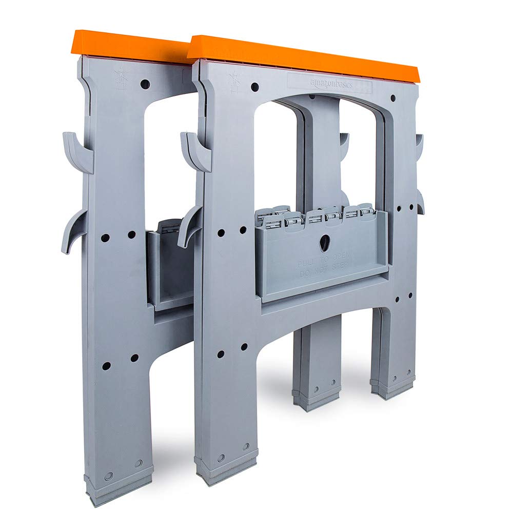 Amazon Basics Heavy Duty Folding Sawhorse Set of 2 - 900 lb Capacity, Adjustable Height Workbench Support for Woodworking, Construction, Painting Projects (Orange & Grey)