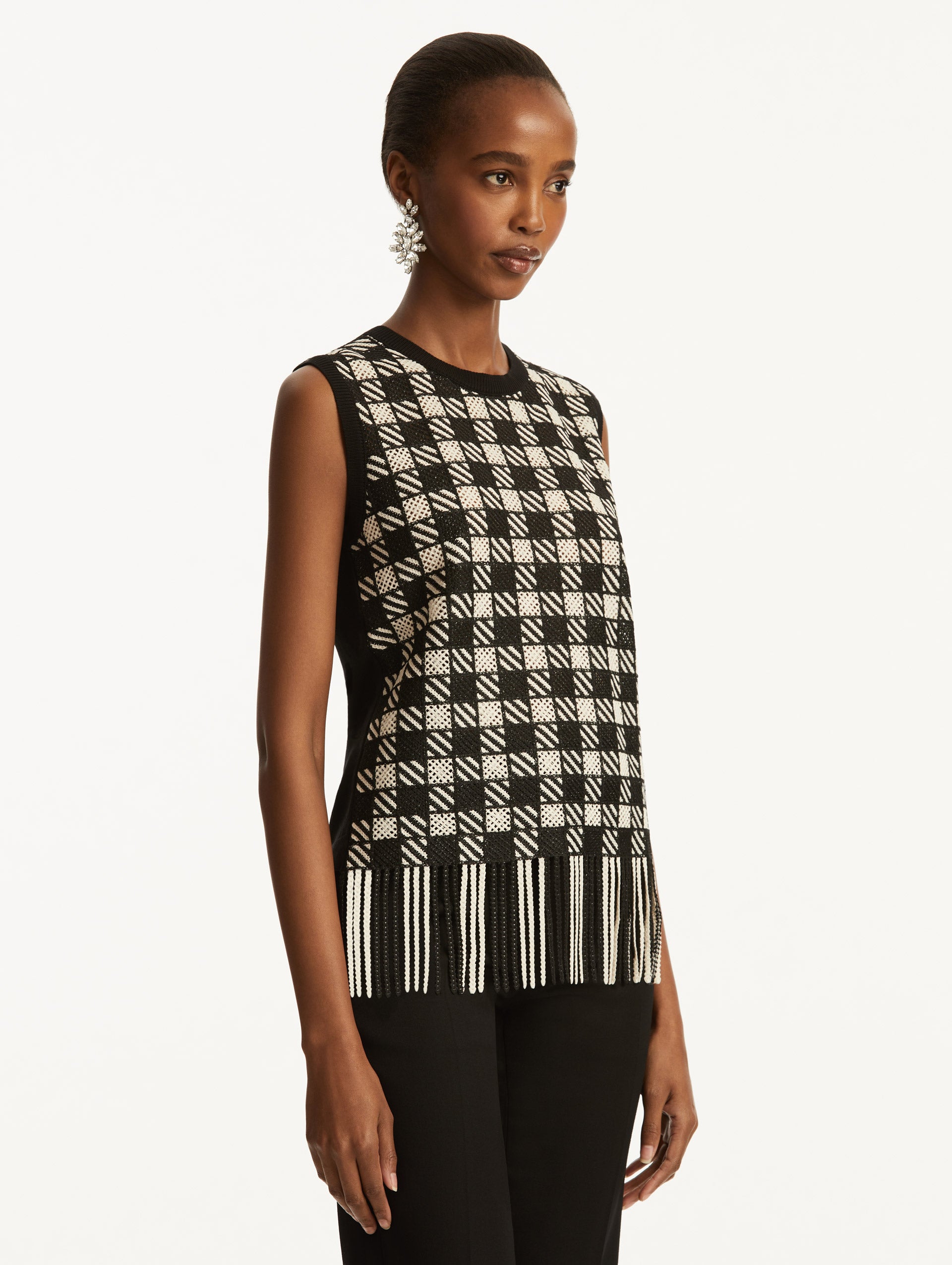 Elegant Checked Fringe Guipure Tank Top for Women - Stylish Summer Blouse for Casual Outings, Beach Wear, and Boho Fashion