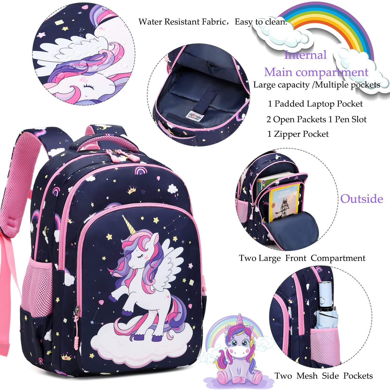 Unicorn Backpack for Girls - 3 in 1 School Bookbag Set with Pencil Case & Lunch Box | Cute Elementary Backpack for Kids | Perfect for School, Travel & Daily Use