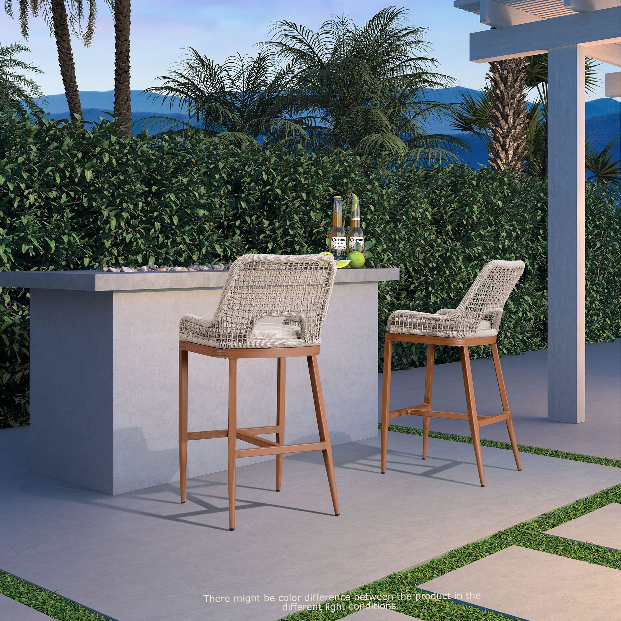 PURPLE LEAF 2-Piece Outdoor Counter Height Bar Stool Set - Modern Patio Metal Stools with Backrest, Arms & Cushions - Perfect for Poolside, Deck, Garden or Outdoor Dining Areas