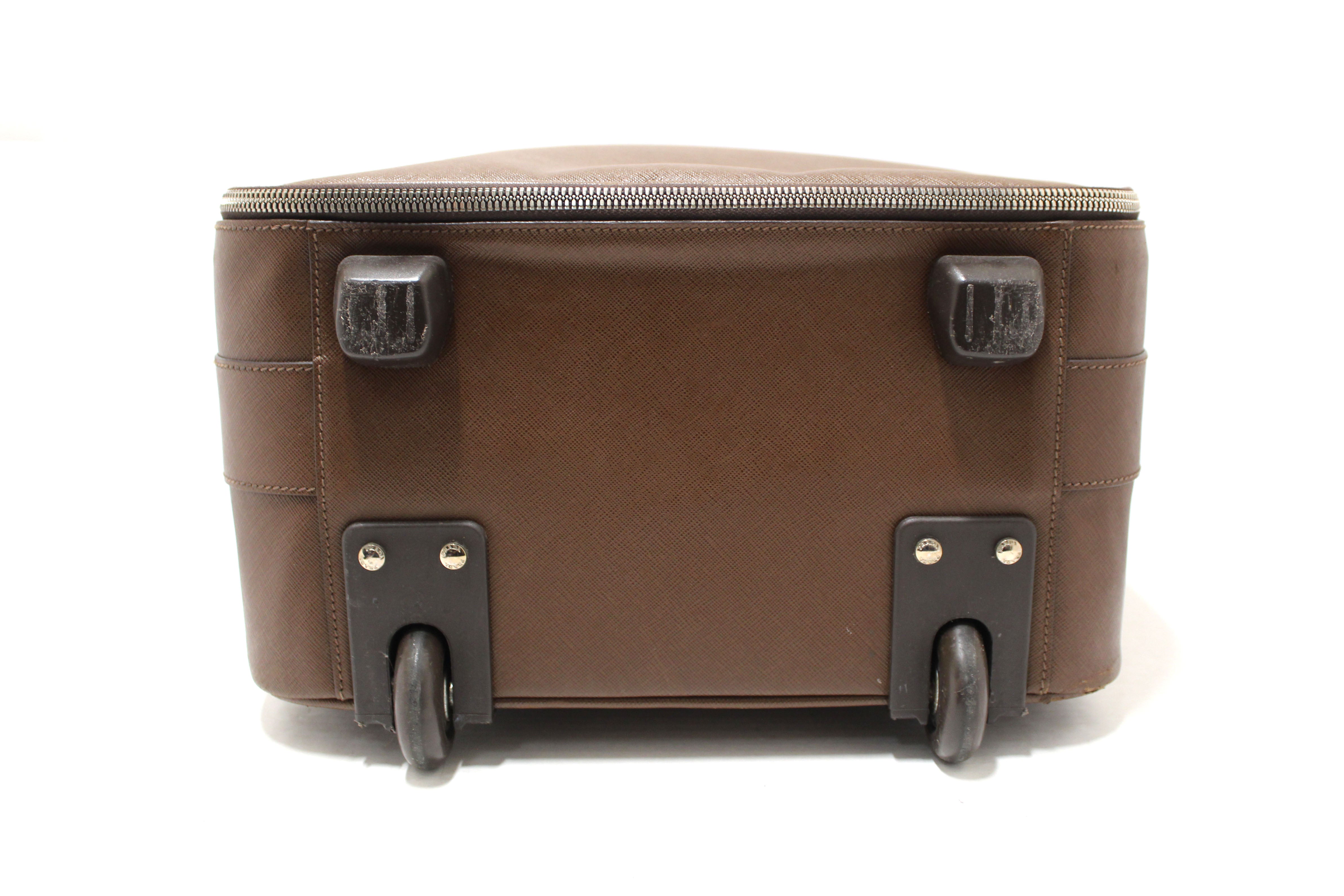 Authentic Prada Brown Saffiano Leather Carry-On Luggage with Wheels - Premium Rolling Suitcase for Business Travel & Vacation