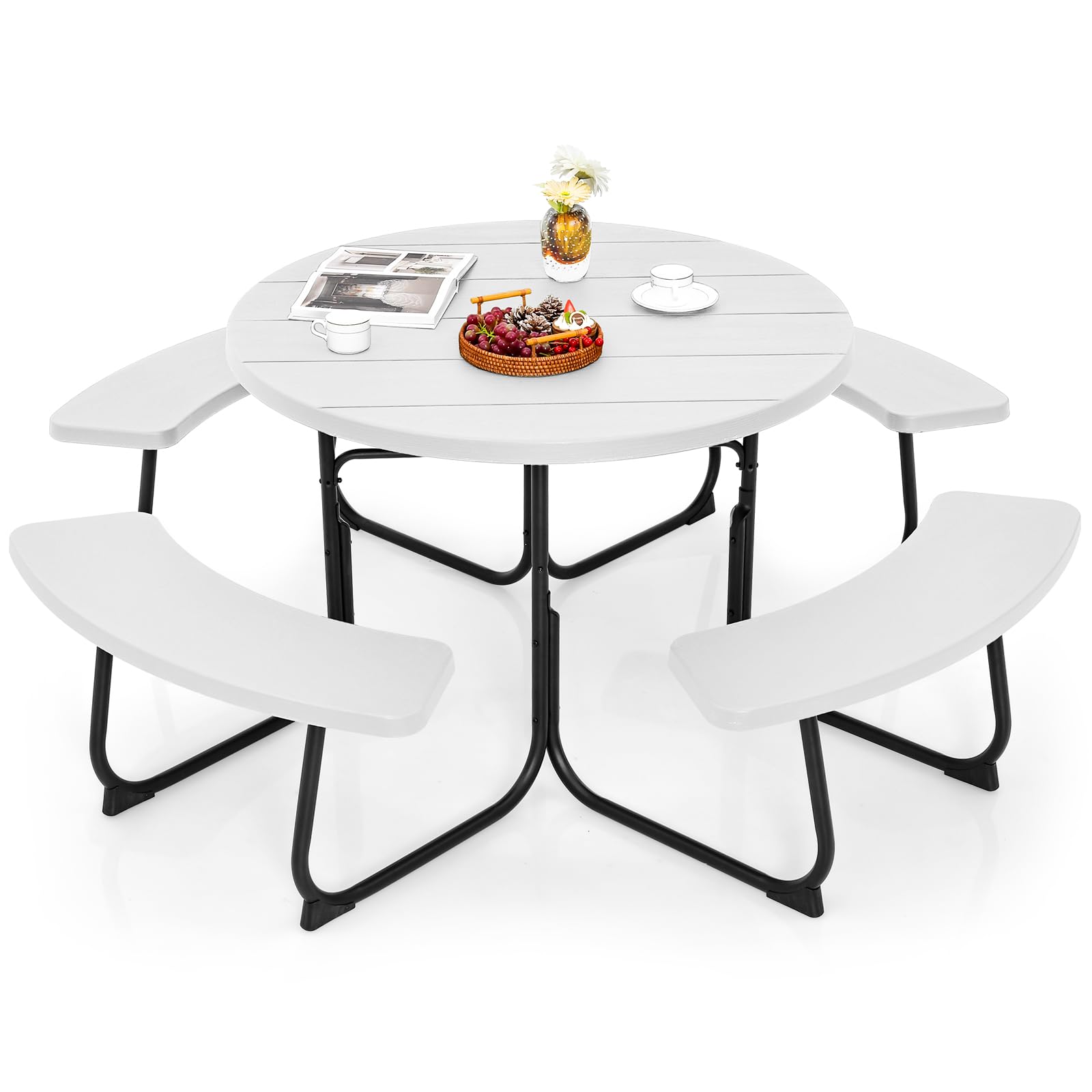 Giantex 8-Person Round Outdoor Picnic Table Set with Umbrella Hole - HDPE Top & Sturdy Metal Frame, 2000LBS Capacity - Perfect for Backyard, Deck, Garden, Patio, and Outdoor Dining (White)