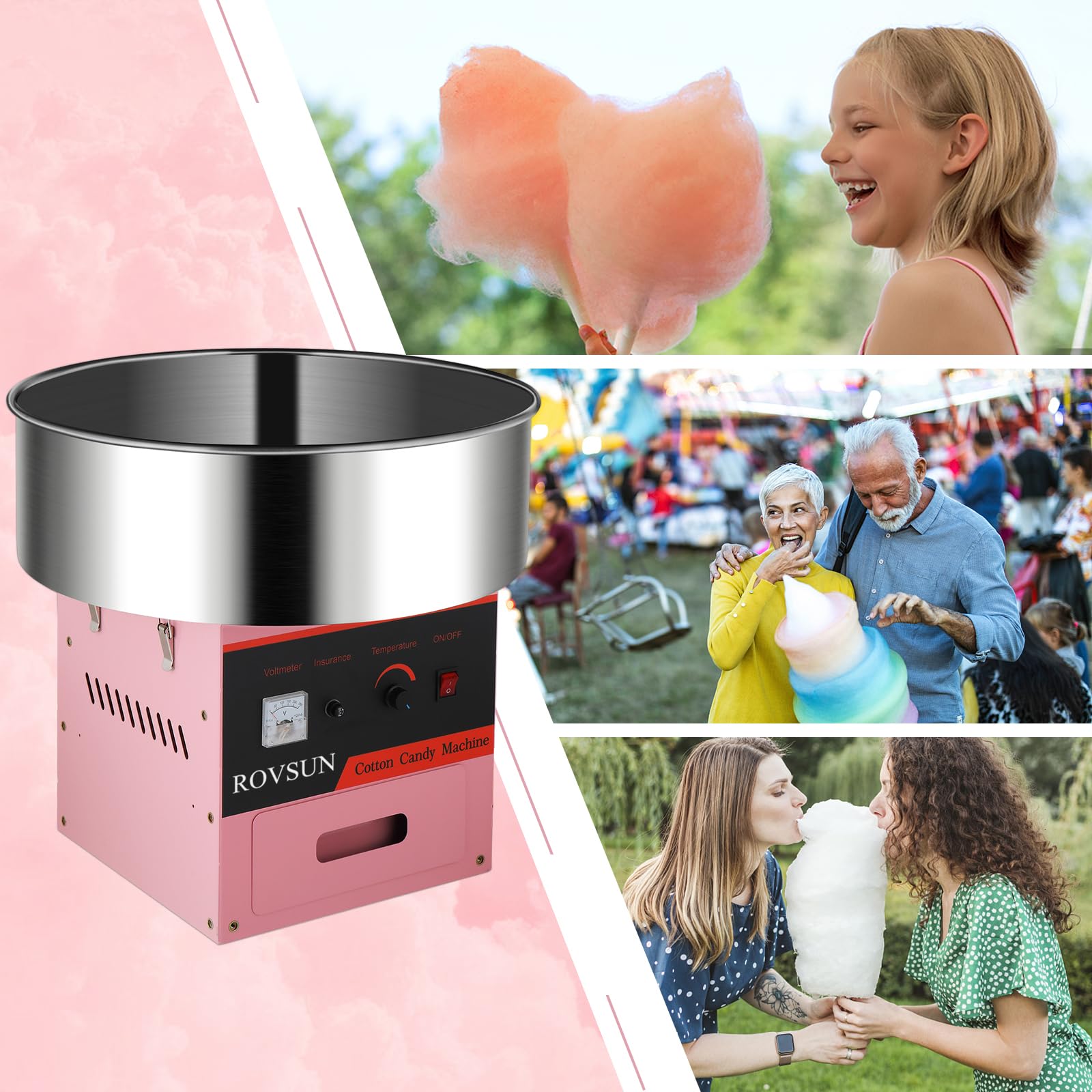 ROVSUN 21 Inch Commercial Cotton Candy Machine - Electric Candy Floss Maker with Stainless Steel Bowl, Sugar Scoop & Large Storage Drawer - Perfect for Home Parties, Carnivals, Birthday Events and Fair Concessions