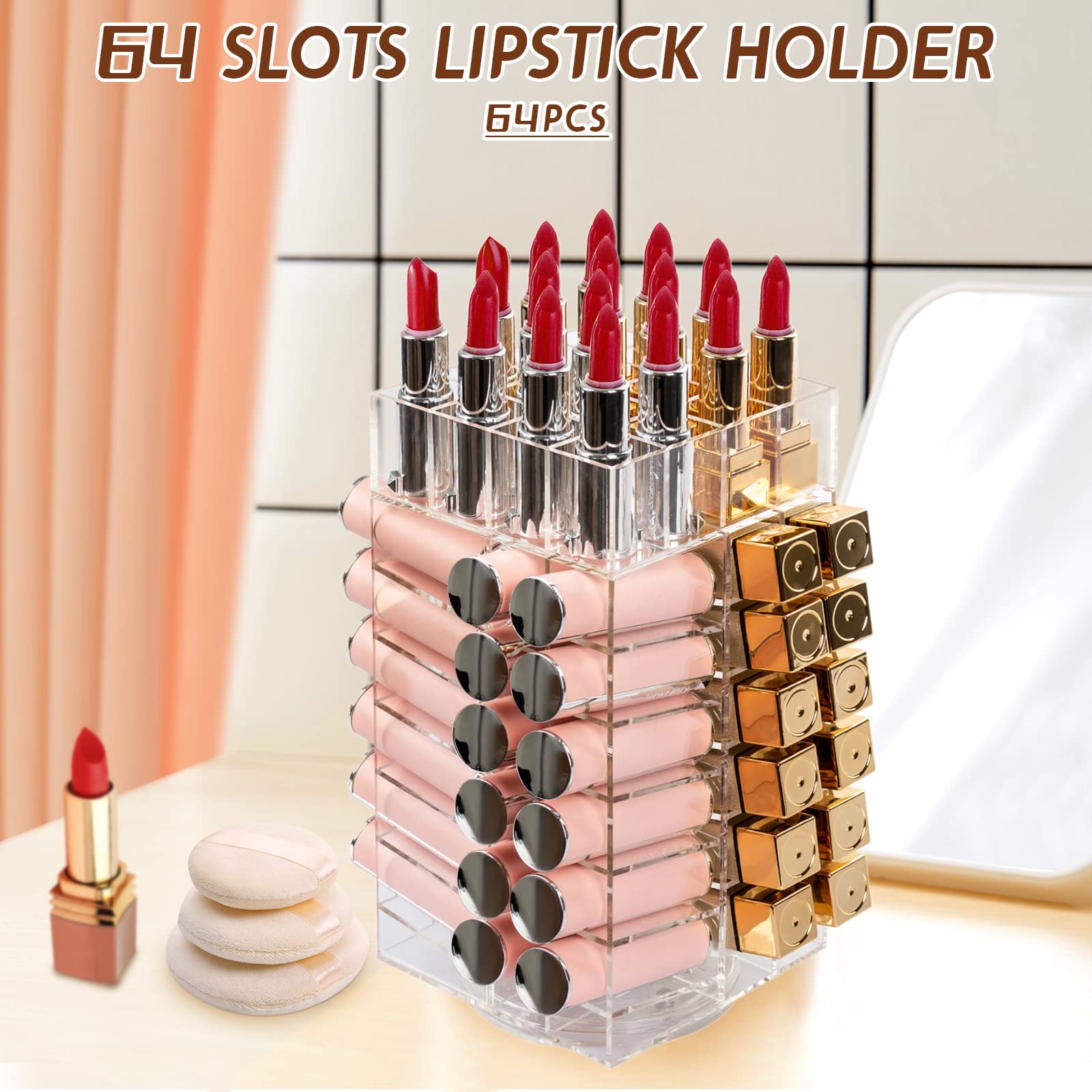 Display4Top Acrylic Rotating 64-Slot Lipstick Organizer - 360° Spinning Lipstick Tower with Removable Dividers | Perfect for Makeup Vanity, Cosmetic Display & Beauty Salon Organization