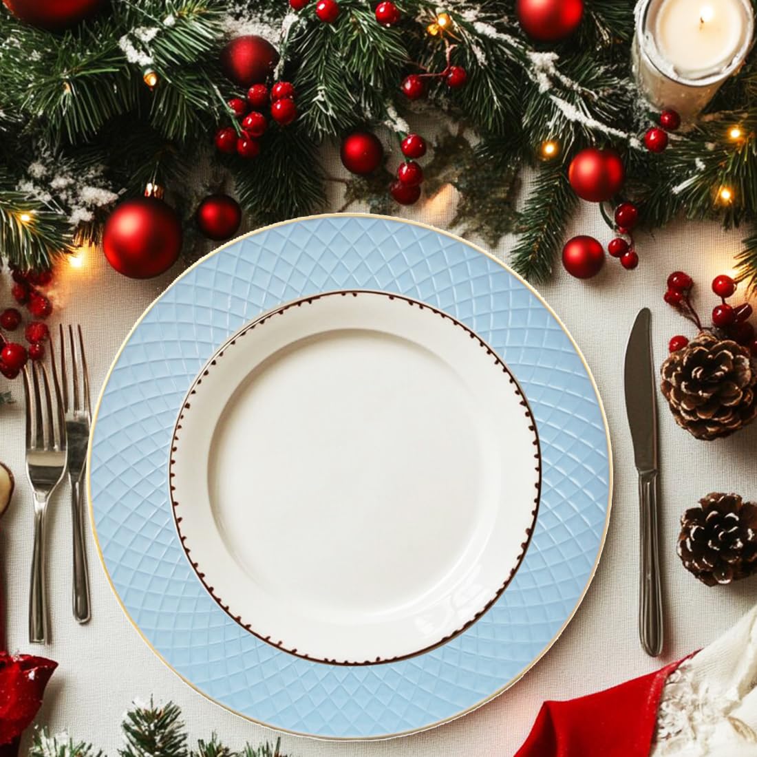 13 Inch Light Blue Plastic Charger Plates - Set of 6 Round Dinner Plate Chargers for Party Decor, Wedding Table Setting, Holiday Celebration & Formal Dining
