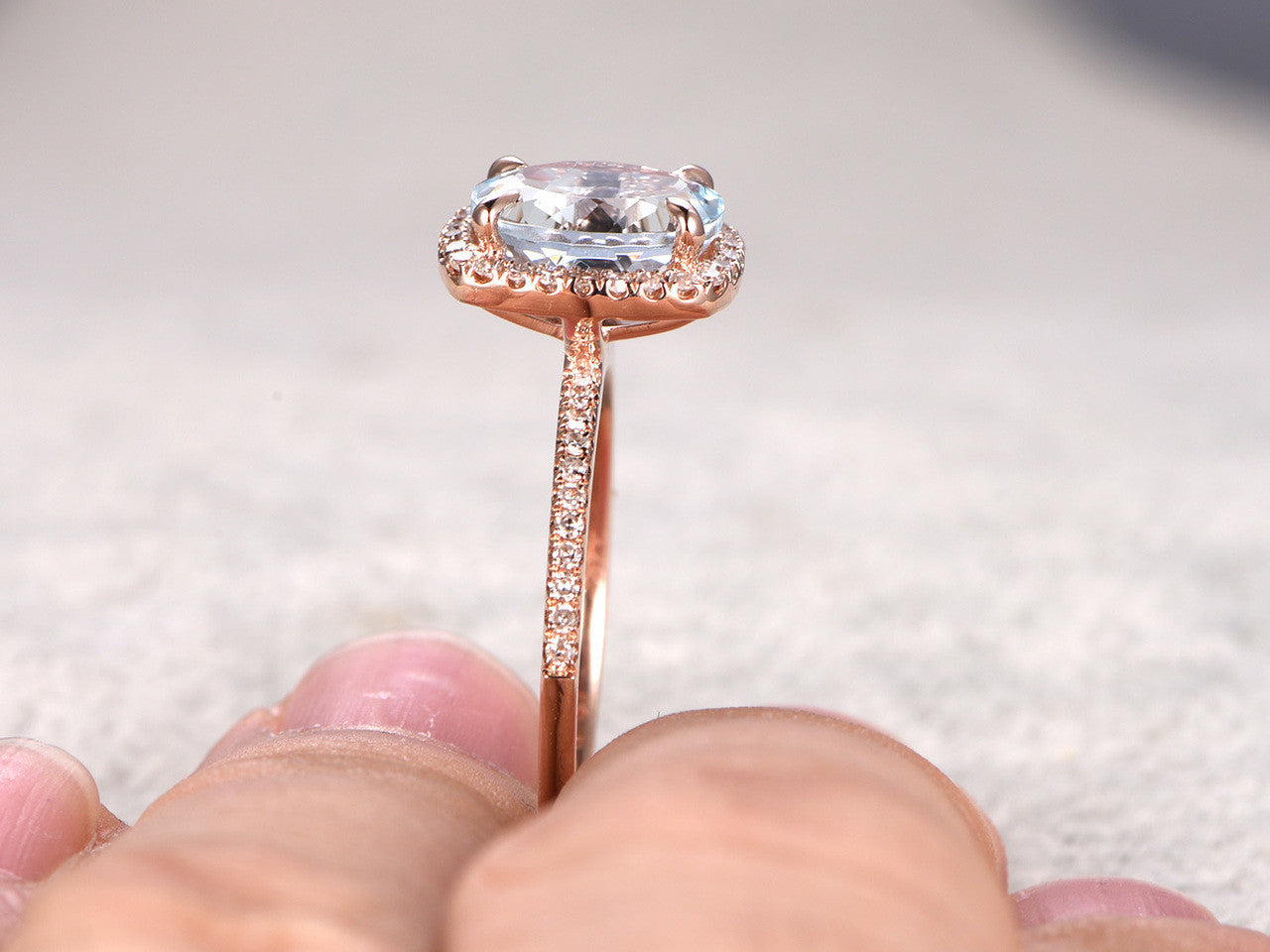 6x8mm Oval Aquamarine Engagement Ring - 14k Rose Gold Diamond Wedding Ring with Blue Gemstone Pave & Cushion Halo - Thin Elegant Design for Bridal, Anniversary & Proposal Gifts