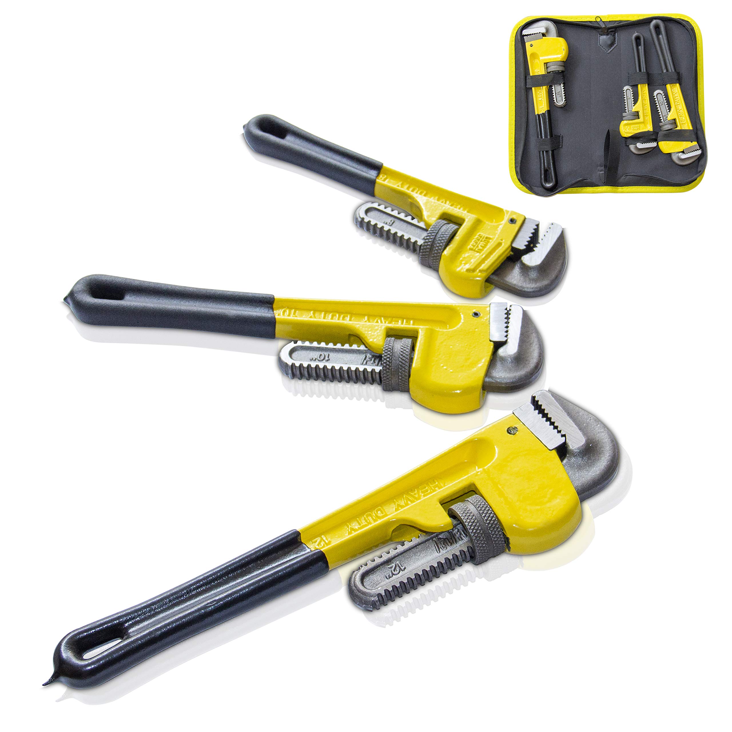 KOTTO Heavy Duty Adjustable Pipe Wrench Set - 3 Pack (8, 10, 12 Inch) with Storage Bag - Professional Plumbing Tools for Home Repair & Maintenance - Perfect for DIY Projects, Pipe Fittings, and Plumbing Installations