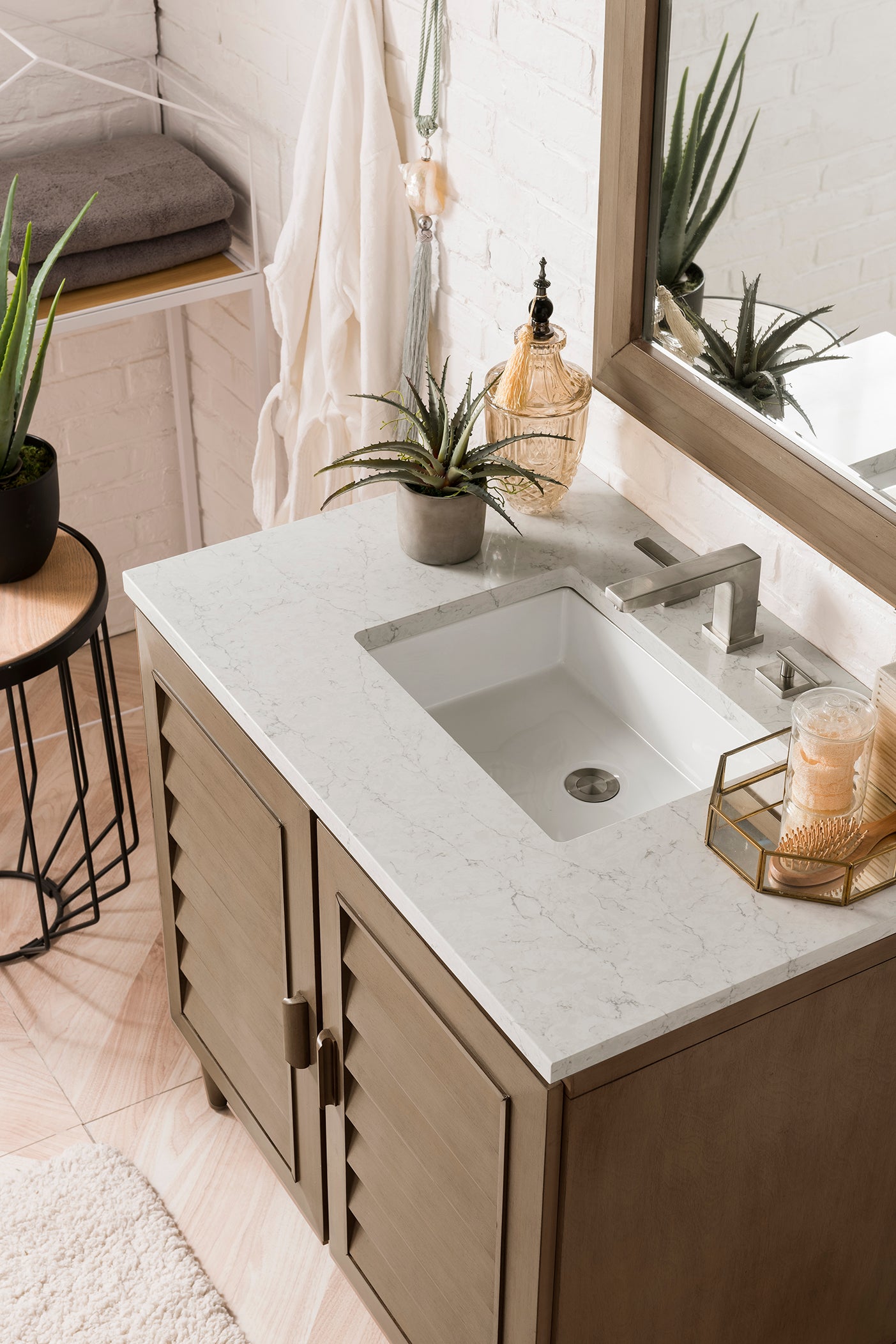 Portland 36 Inch Single Bathroom Vanity in Whitewashed Walnut with 3CM Eternal Jasmine Pearl Quartz Countertop - Perfect for Modern Farmhouse, Coastal, or Transitional Bathroom Designs