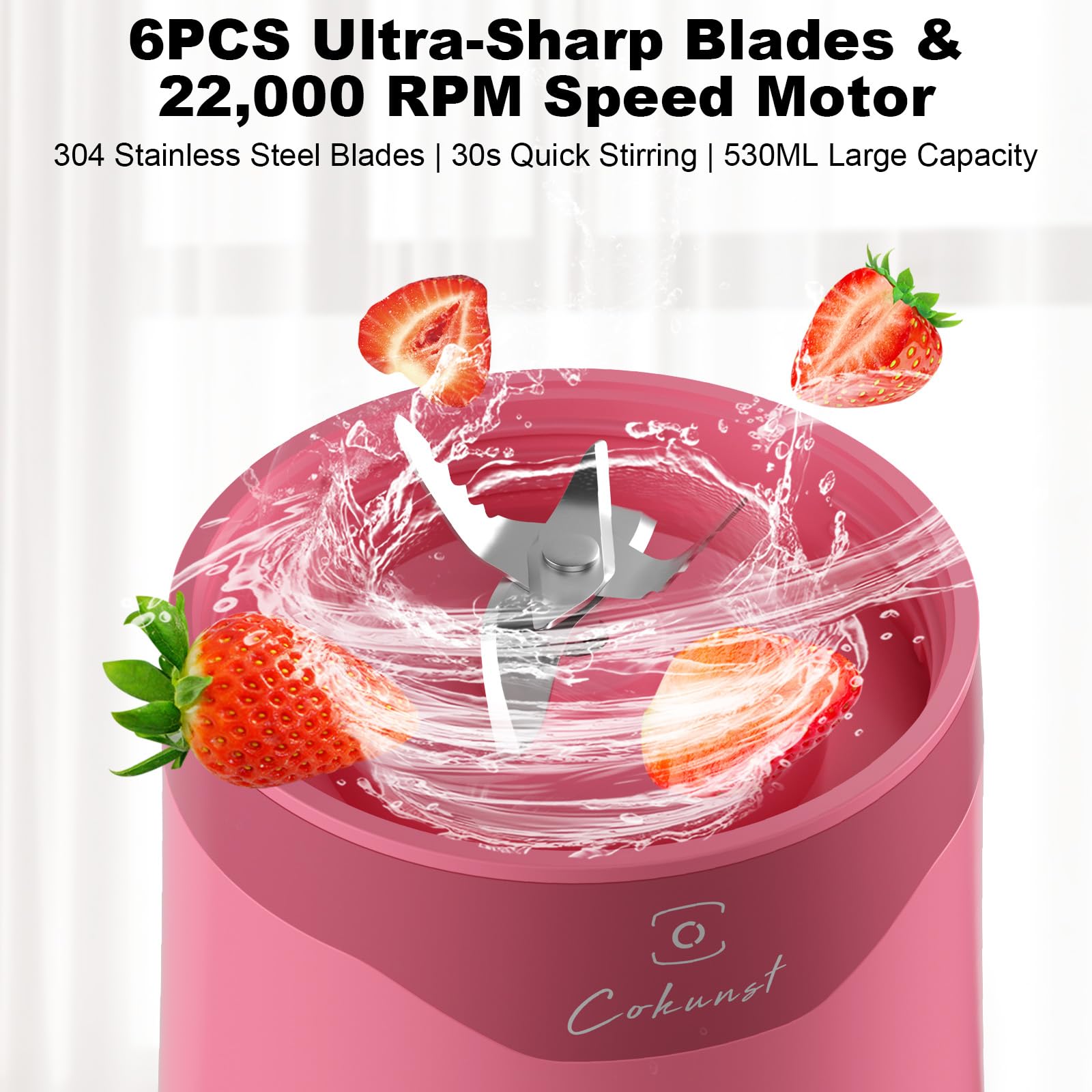 COKUNST 18oz Portable Blender - USB Rechargeable Personal Smoothie Maker with 6 Stainless Steel Blades for Protein Shakes, Juices & Healthy Drinks - Compact Travel Blender with Handle Lid - Perfect for Gym, Office, Hiking & Outdoor Activities - Pink