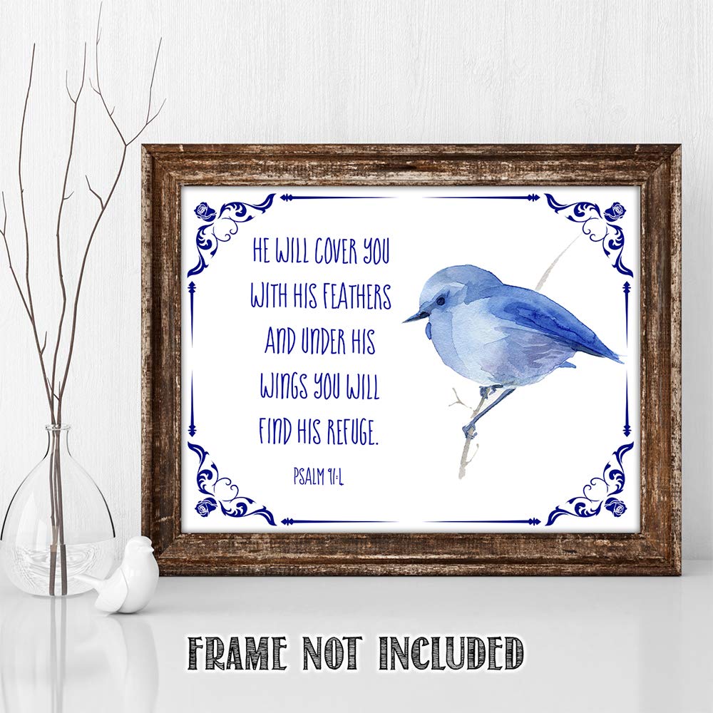 Psalm 91:4 Bible Verse Wall Print - 11x14 Watercolor Art - Inspirational Home Decor & Gift