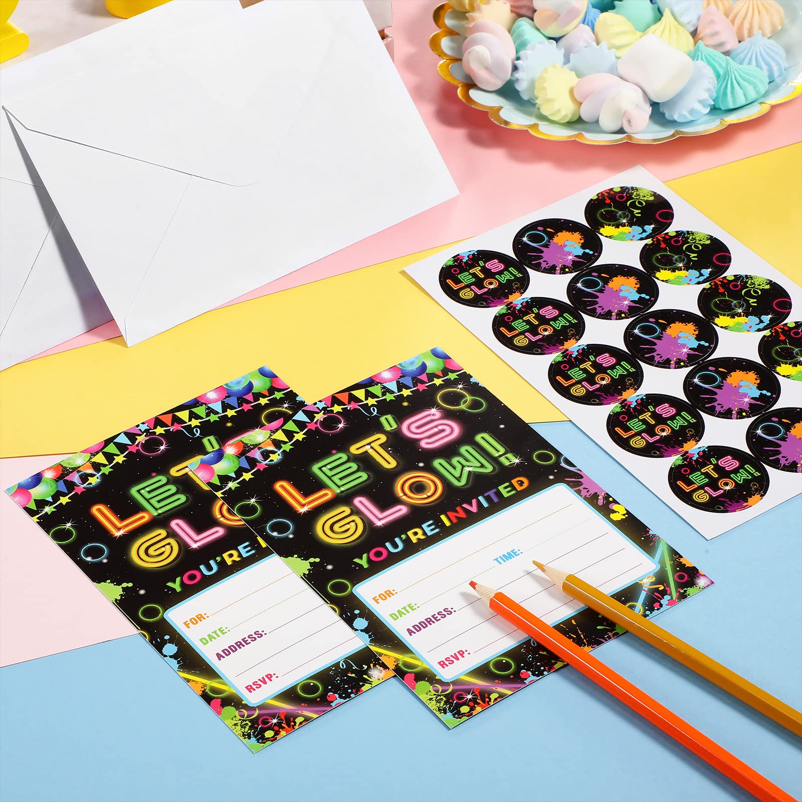 30 Pack Glow in the Dark Birthday Party Invitations - Neon Party Favors with 30 Envelopes & Stickers - Perfect for Kids Birthday, Glow Parties & Nighttime Celebrations