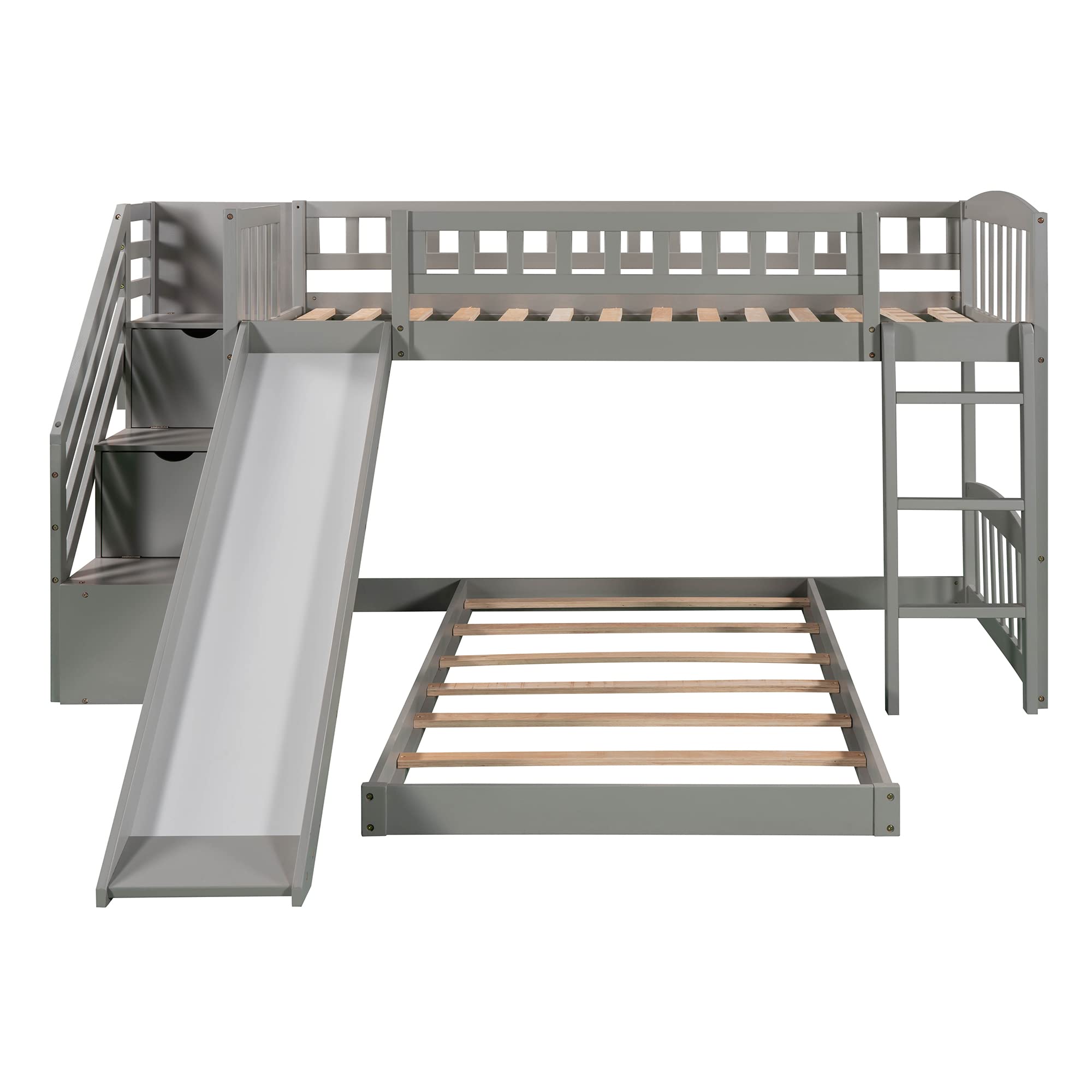 Modern Twin Over Twin Low Bunk Bed with Slide & 2 Drawers - Solid Wood Stairway Bunk Bed for Kids, Girls & Boys (Gray) - Perfect for Small Bedrooms, Kids' Rooms & Space-Saving Sleep Solutions