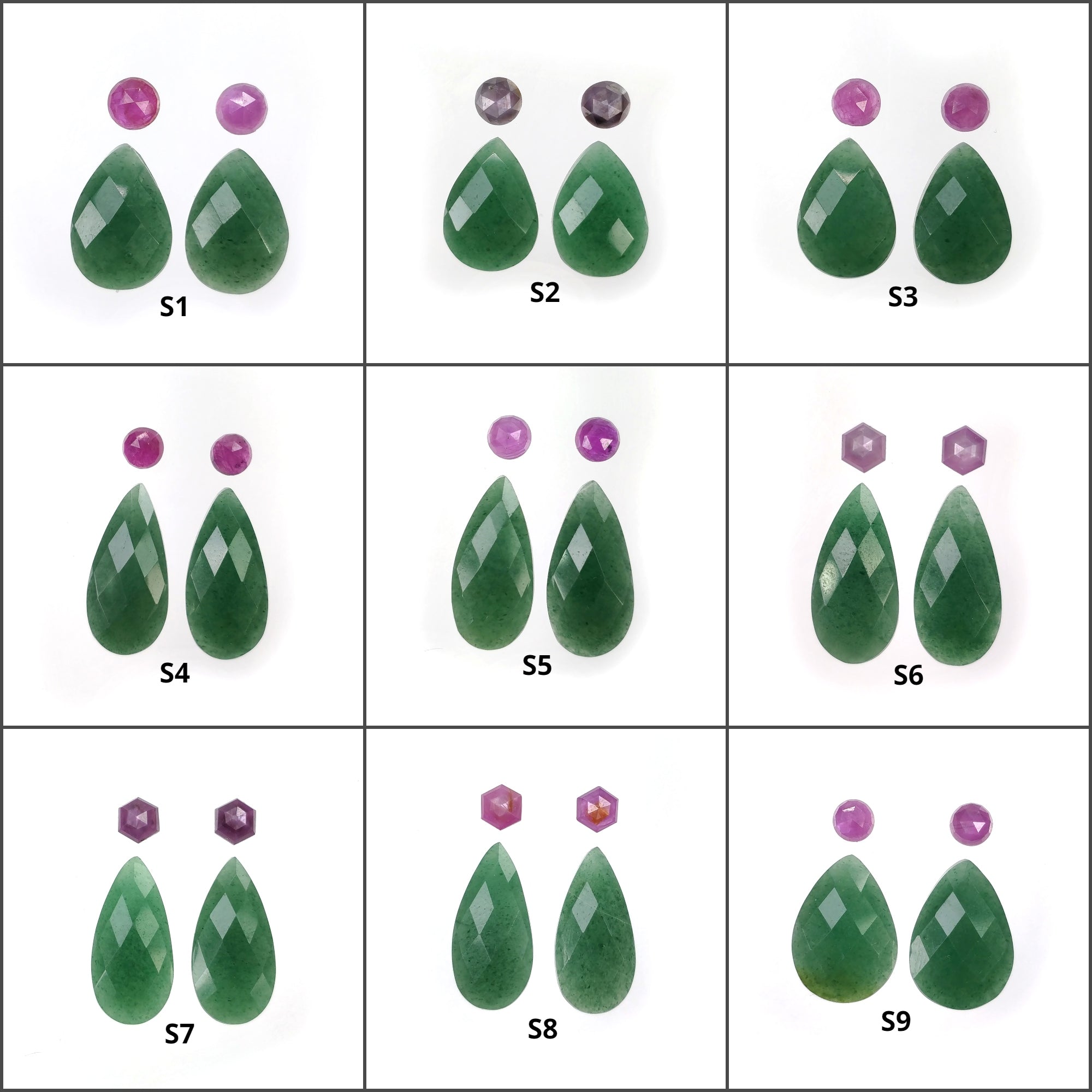 Natural Untreated Green Quartzite & Raspberry Pink Sapphire Gemstone Checker Rose Cut Pear Round Shape 4pcs - Perfect for Jewelry Making, Healing Crystals & Spiritual Gifts