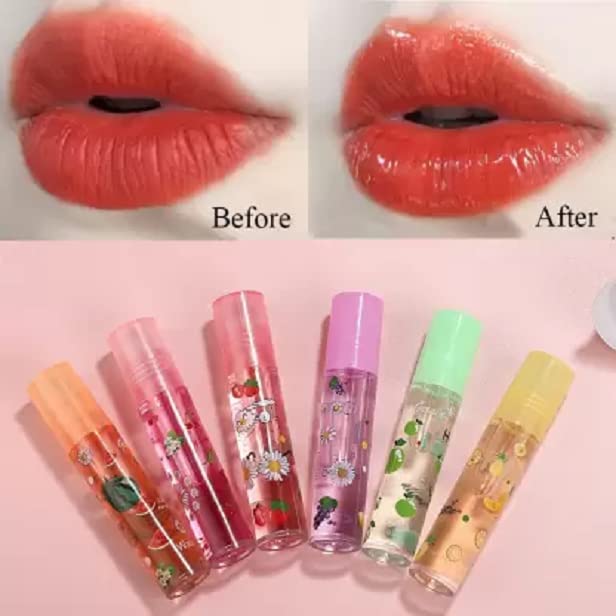 Elecsera Hydrating Lip Oil Roll-On - Moisturizing & Transparent Fruit Flavor (6 Pack, 21.6g) - Multicolor for Dry Lips, Daily Lip Care & Makeup Looks
