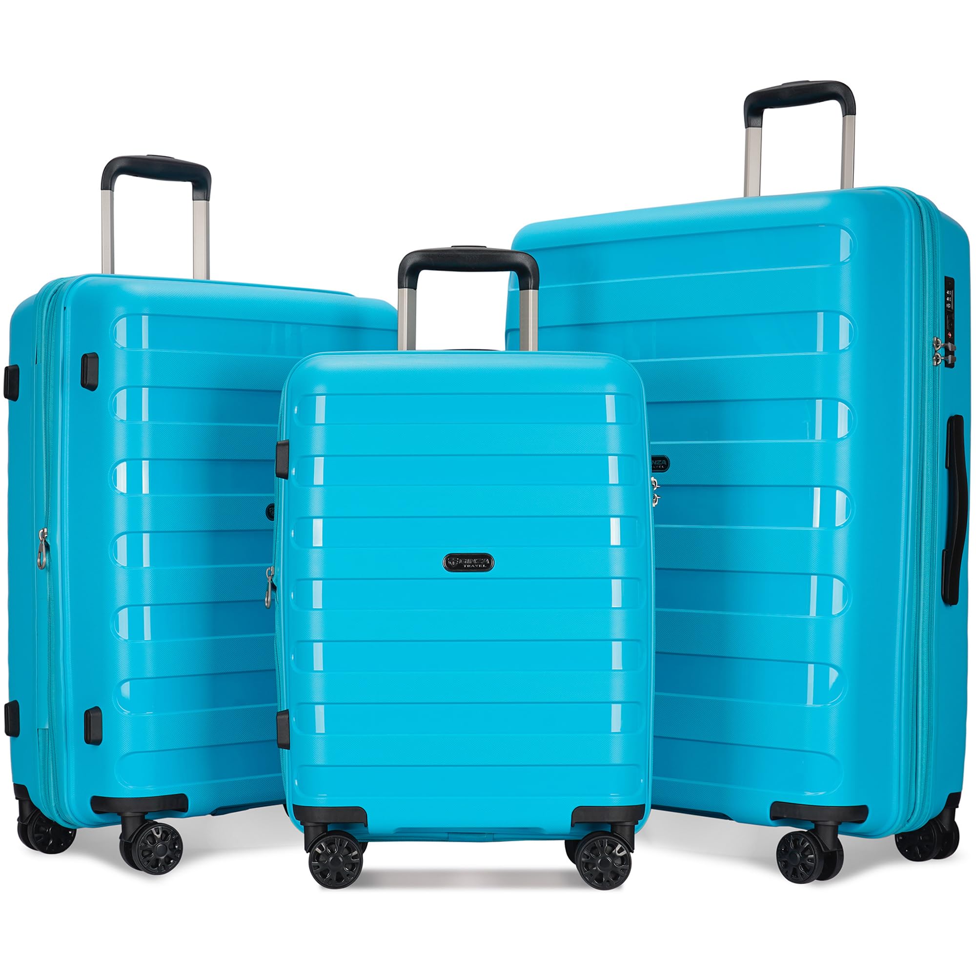 Expandable 3-Piece PP Luggage Set with Spinner Wheels & TSA Lock - 20/24/28 Inch Suitcases in Lake Blue | Perfect for Family Travel, Business Trips & International Vacations