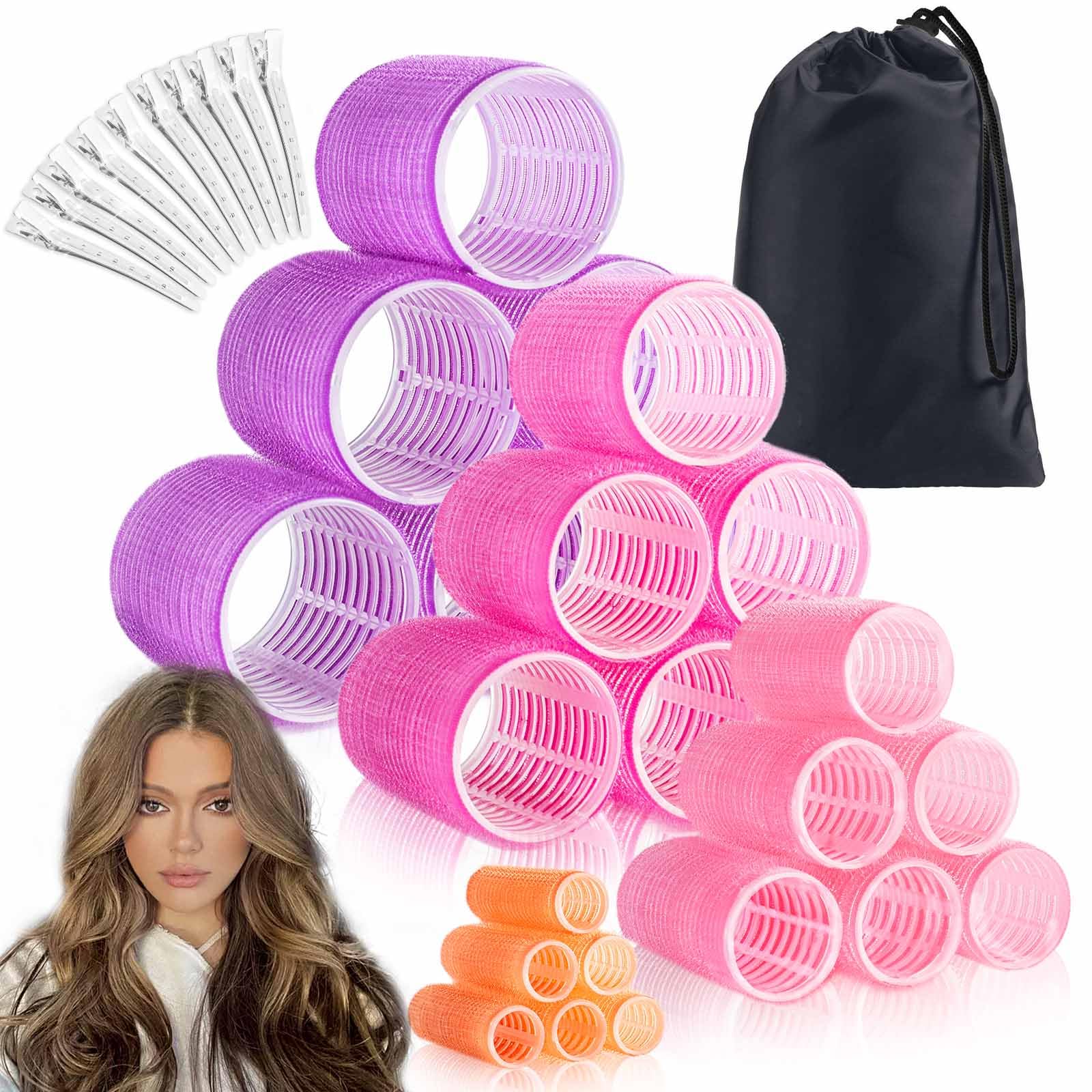 34Pcs Jumbo Hair Rollers Set with Clips - Large Hair Curlers for Voluminous Blowout Look (Multicolor) - Perfect for Salon Styling, Home Use & Special Occasions