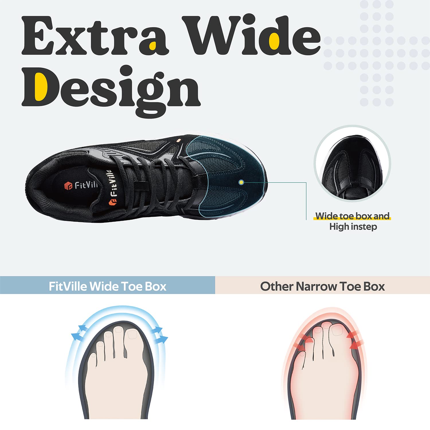 FitVille Men's Extra Wide Walking Sneakers for Flat Feet - Arch Support & Heel Pain Relief - Rebound Core Technology - Comfortable Shoes for Walking, Standing & Work