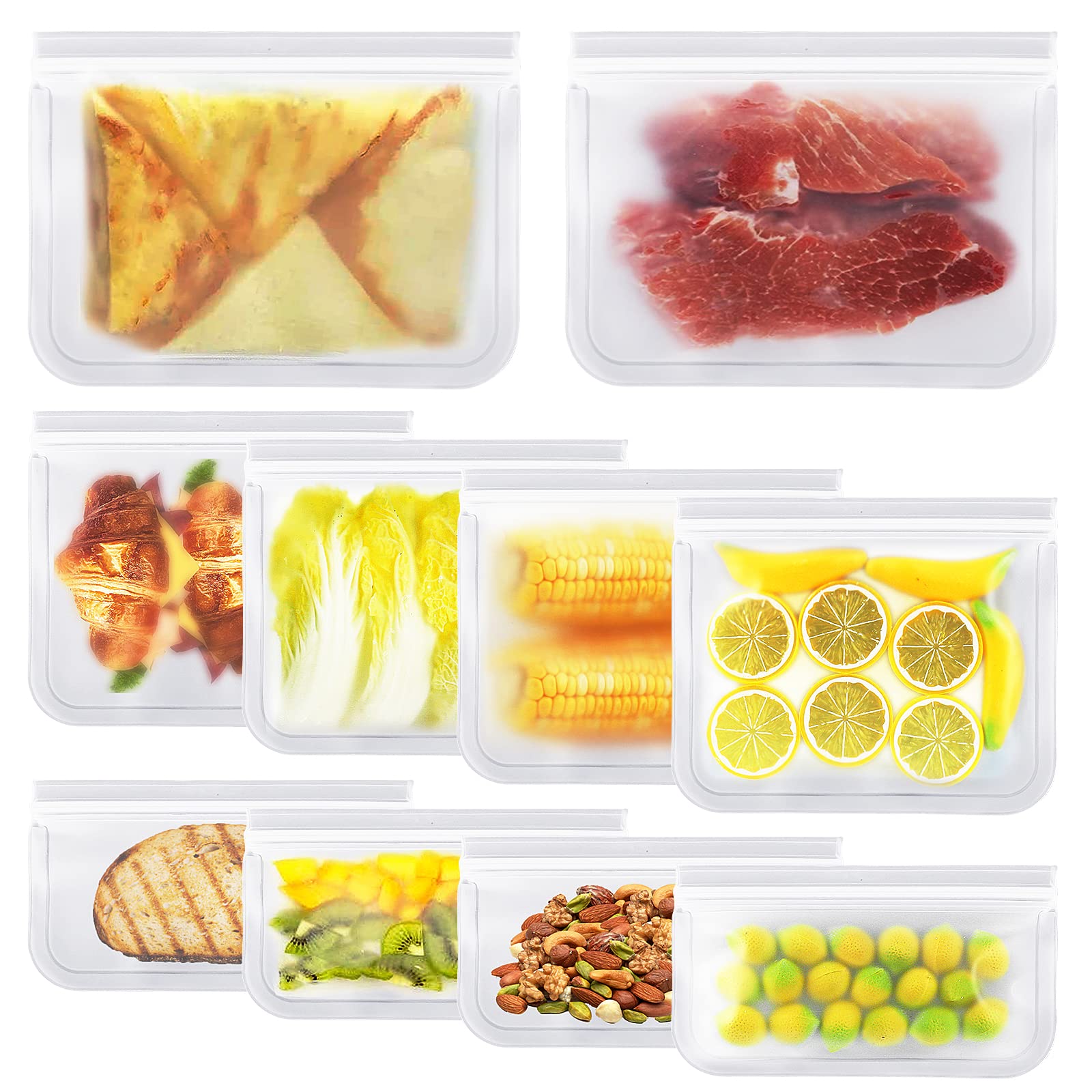 Eco-Friendly Reusable Food Storage Bags 10 Pack - BPA Free Silicone Freezer & Sandwich Bags for Meat, Fruits, Veggies, Snacks | Leakproof & Resealable | Perfect for Meal Prep, Camping, School Lunches & Home Organization
