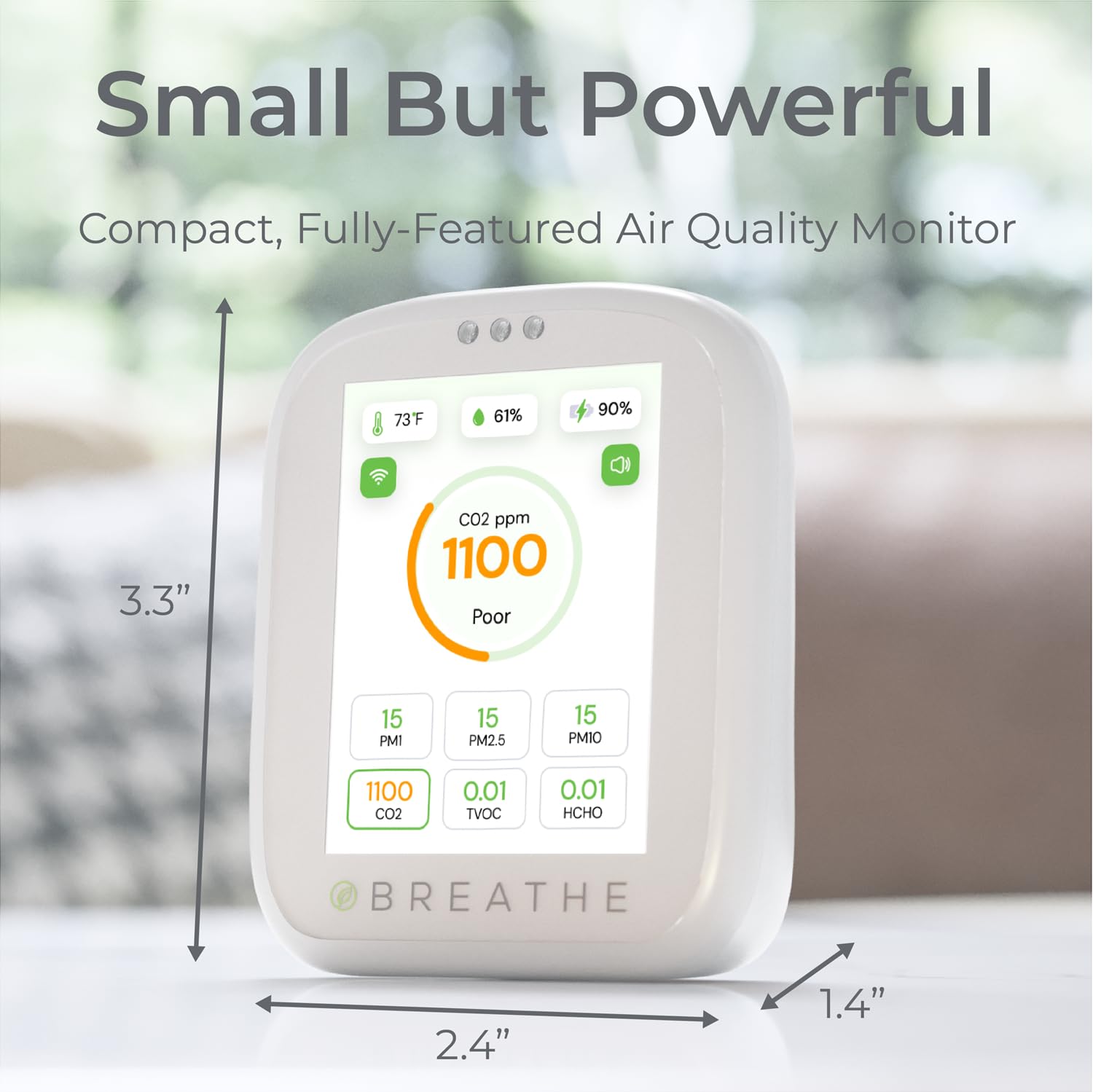 BREATHE Airmonitor Plus: 8-in-1 Smart Indoor Air Quality Monitor - CO2 Meter, Formaldehyde Detector, VOC Sensor, PM1/2.5/10, Temperature & Humidity Gauge with Mobile App - Perfect for Home, Office, Nursery & Bedroom Air Quality Testing