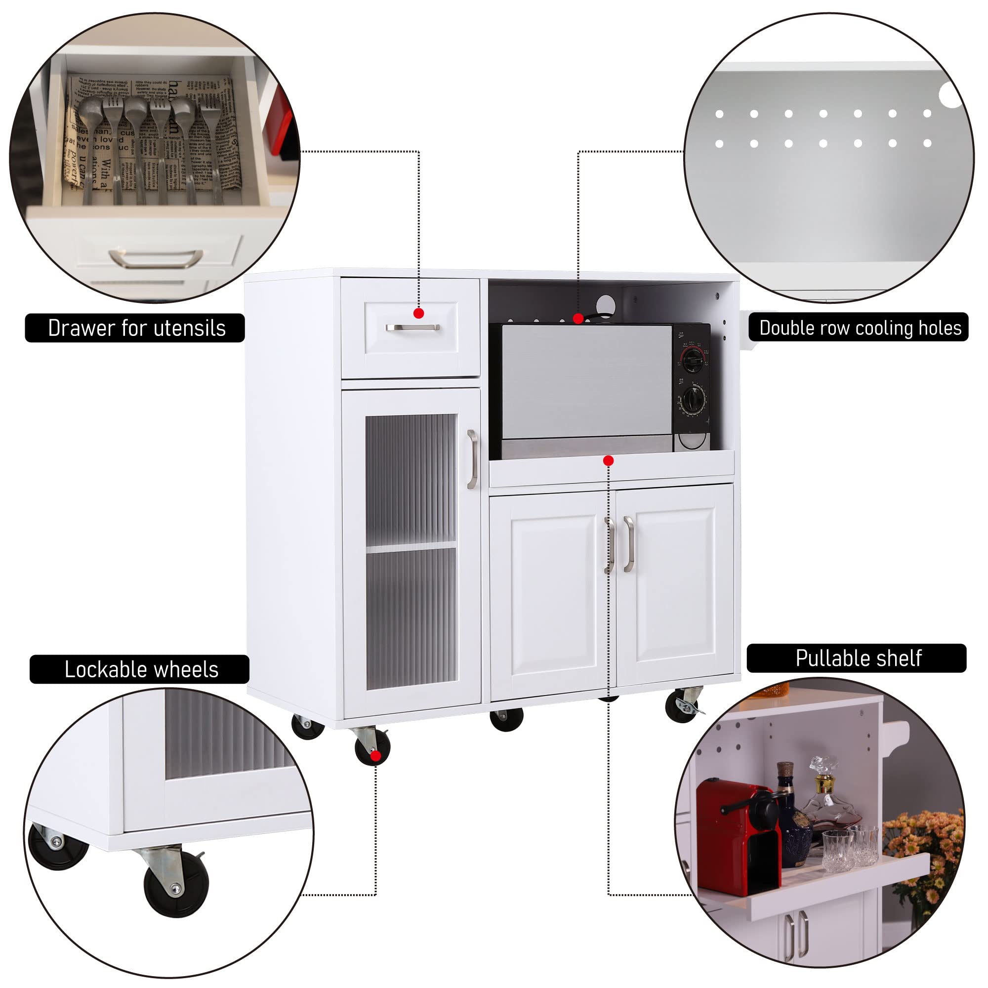 PHI VILLA White Microwave Stand Cart with Wheels - Mobile Kitchen Island with Microwave Shelf & Storage - Perfect for Small Kitchens, Apartments, and Dorm Rooms