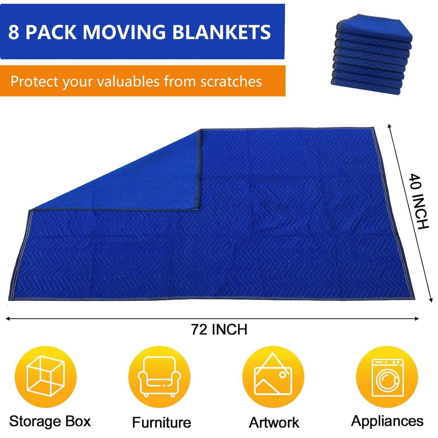 8 Pack Heavy Duty Moving Blankets 40x72in - Quilted Padded Packing Blankets for Furniture Protection, Shipping & Moving Supplies | Ideal for Home Moves, Warehousing & Furniture Transport