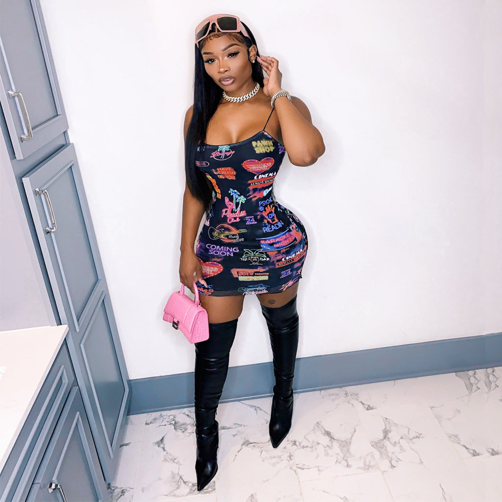 Sexy Printed Sling Bodycon Mini Dress for Women - Y2K Club Outfits, Summer Lounge Wear & Fashionable Party Dresses | Perfect for Nightclubs, Dates and Casual Outings