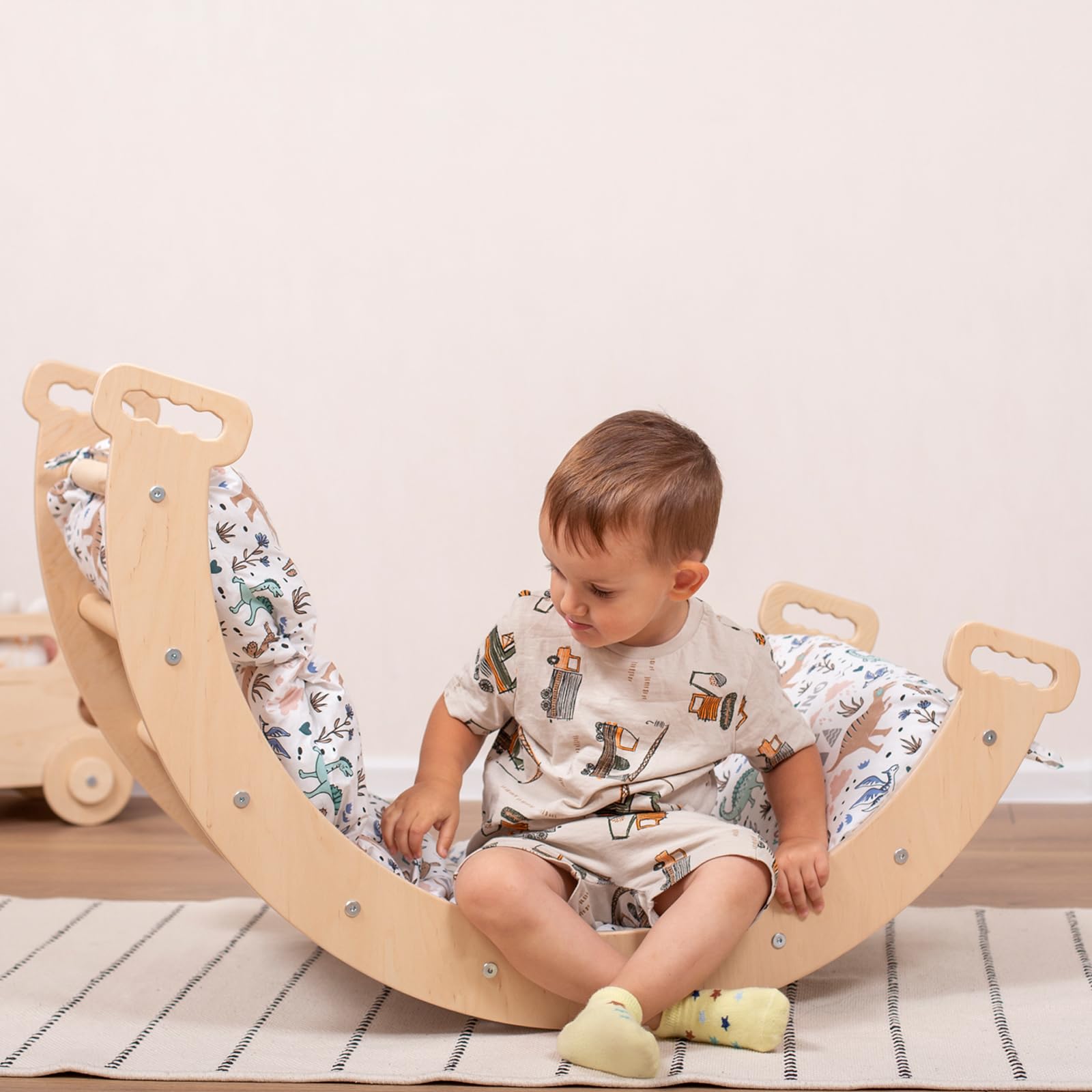 **Wooden Climbing Arch Cushion for Toddlers - Soft Play Pillow for Kids, Handmade Montessori Furniture - Perfect for Indoor Playrooms, Daycares & Dino-Themed Nurseries**