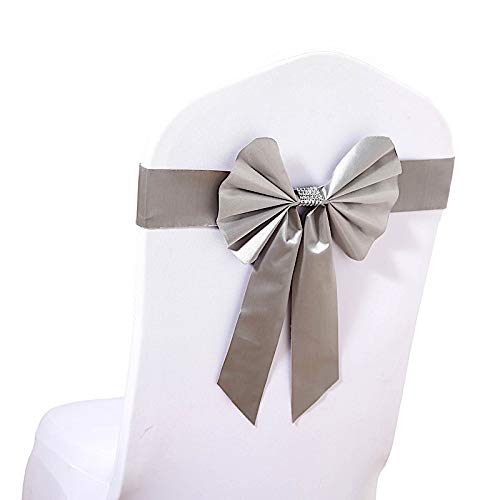 100 Pcs Silver Reversible Satin Faux Leather Bow Tie Chair Sashes with Buckles - Wedding, Party, Banquet Decorations for Chairs, Tables & Venue Decoration
