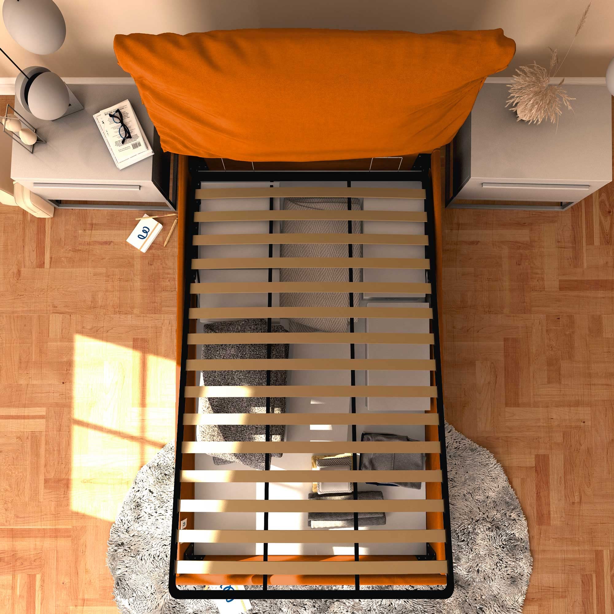 Baldiflex Single Bed with Storage - Licia Soft Synthetic Leather, Slatted Base for Single Mattress, 120 x 190 cm, Padded Headboard, Orange - Perfect for Small Bedrooms, Guest Rooms & Studio Apartments