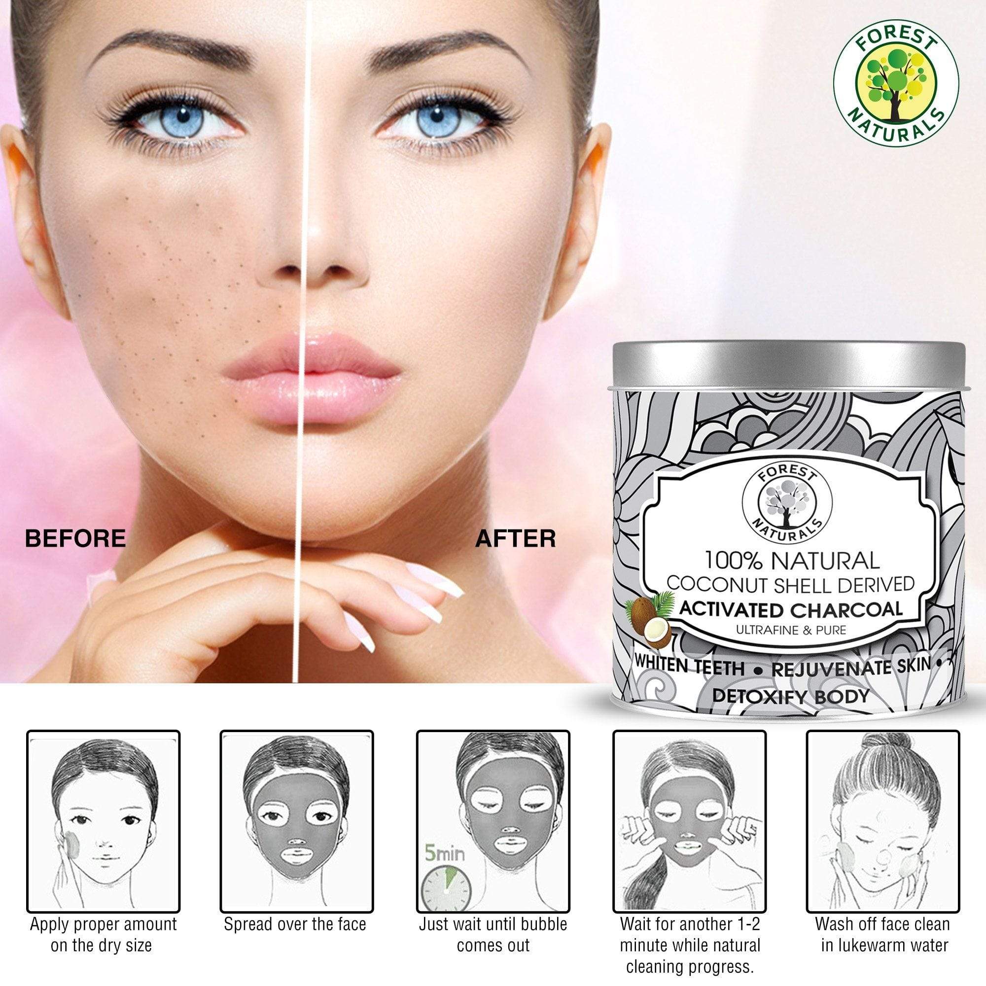 Dr Trust USA Forest Naturals Natural Coconut Shell Activated Charcoal Powder (250g) - Detox, Teeth Whitening & Water Filtration for Home & Travel Use