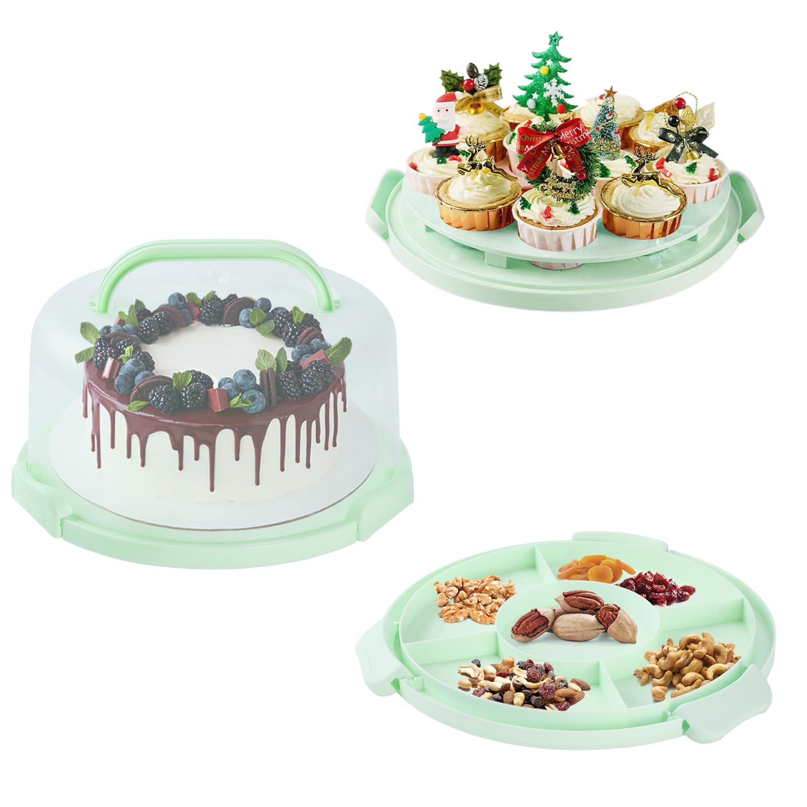Premium Cake Carrier with Lid & Handle - 12 Inch Cupcake Holder & Rotating Turntable for Baking, Transporting & Decorating (Green) - Perfect for Birthday Parties, Wedding Cakes & Professional Bakeries