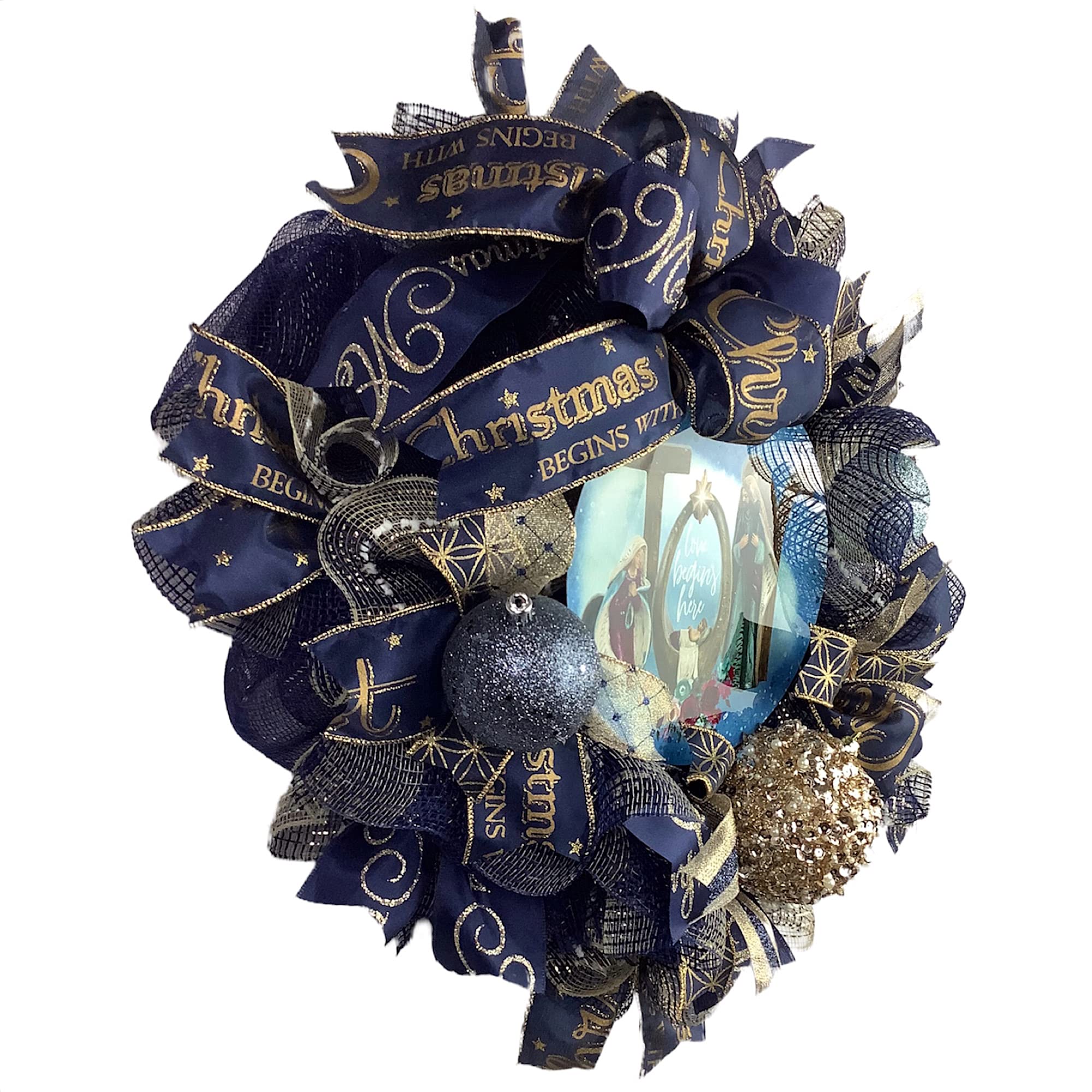 Nativity Christmas Wreath with Baby Jesus in Manger - Elegant Navy Blue & Gold Ball Ornaments and Bow - Perfect for Holiday Door Decor, Fireplace Mantel, and Christmas Tree Topper