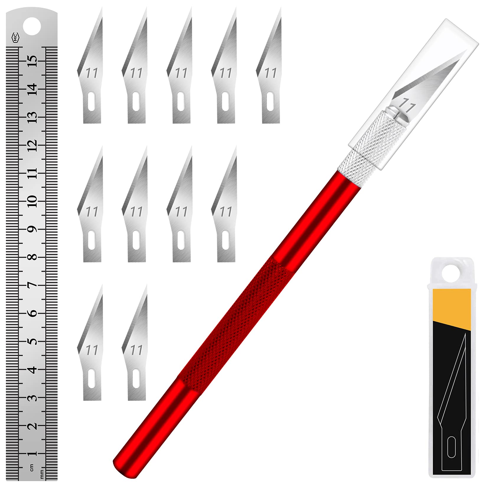 DIYSELF Craft Knife Set with 11 Stainless Steel Blades & 15mm Steel Ruler - Precision Hobby Knife for Art, Scrapbooking, Stencil Cutting - Perfect for DIY Projects, Paper Crafts, and Model Making (Red)