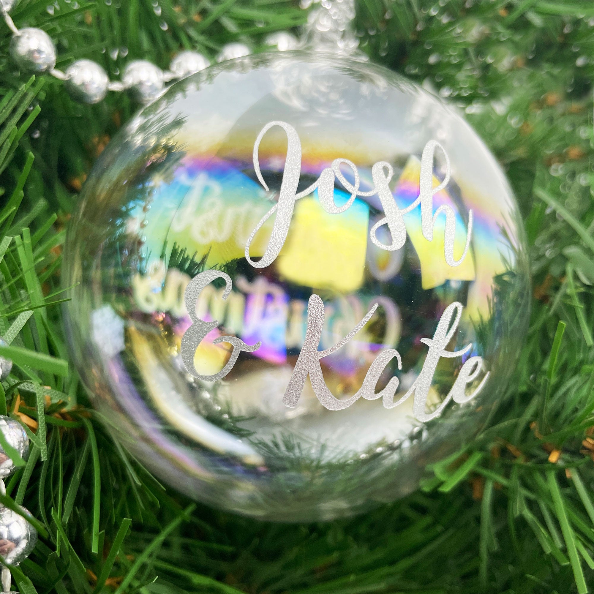 Personalized Our First Christmas Couples Iridescent Glass Ornament - Perfect for Newlyweds, First Christmas Together & Romantic Holiday Decor