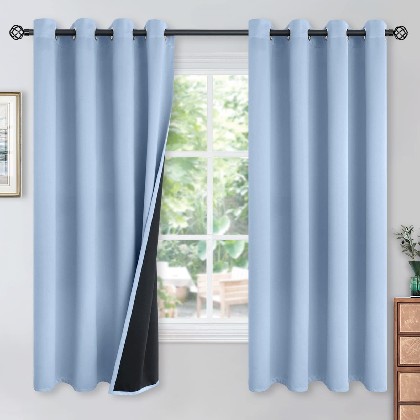 YoungsTex 100% Blackout Thermal Insulated Curtains for Bedroom & Living Room - 2 Panels, 52 x 63 Inch, Baby Blue, Grommet Top Room Darkening Window Drapes - Perfect for Nursery, Home Theater & Light-Sensitive Sleepers