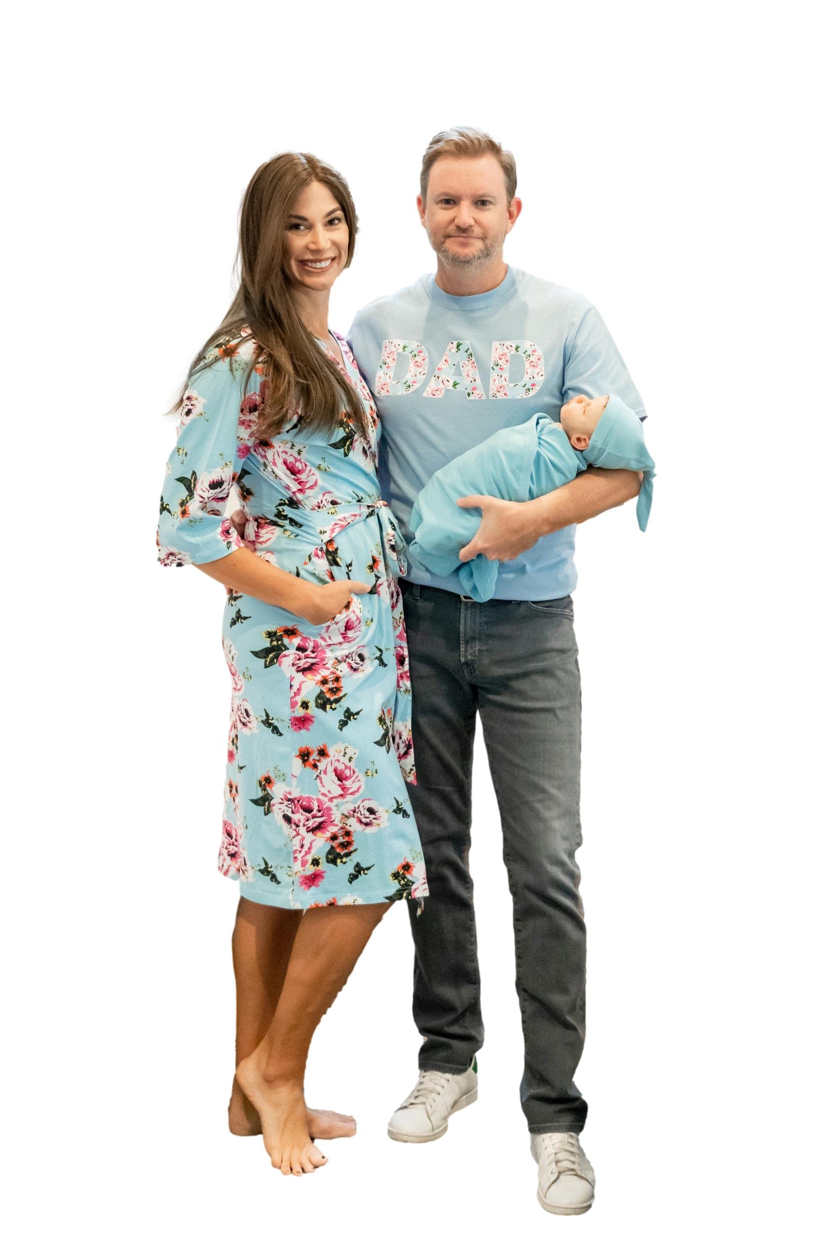 Baby Be Mine Maternity Nursing Robe & Swaddle Blanket Set with Daddy T-Shirt - Small/Medium Robe & 3XL Shirt (Isla/Light Blue) | Comfortable Hospital Delivery & Newborn Photo Outfit