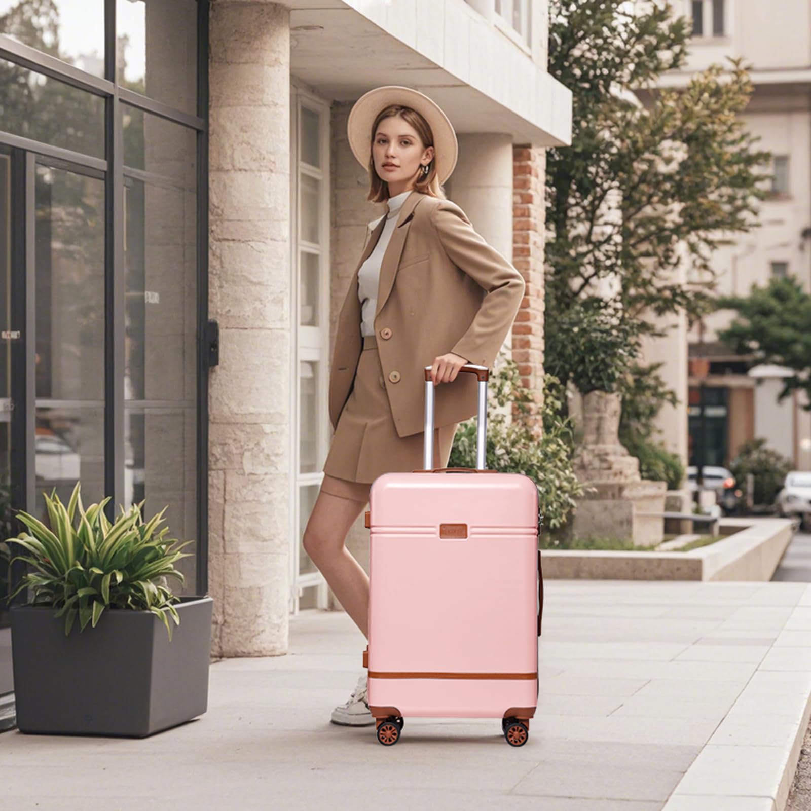 Krute 28 Inch Large Checked Luggage - TSA Approved Lock, Durable PC+ABS Hard Shell Suitcase with 360° Spinner Wheels (White/Brown) - Perfect for International Travel, Family Vacations & Business Trips