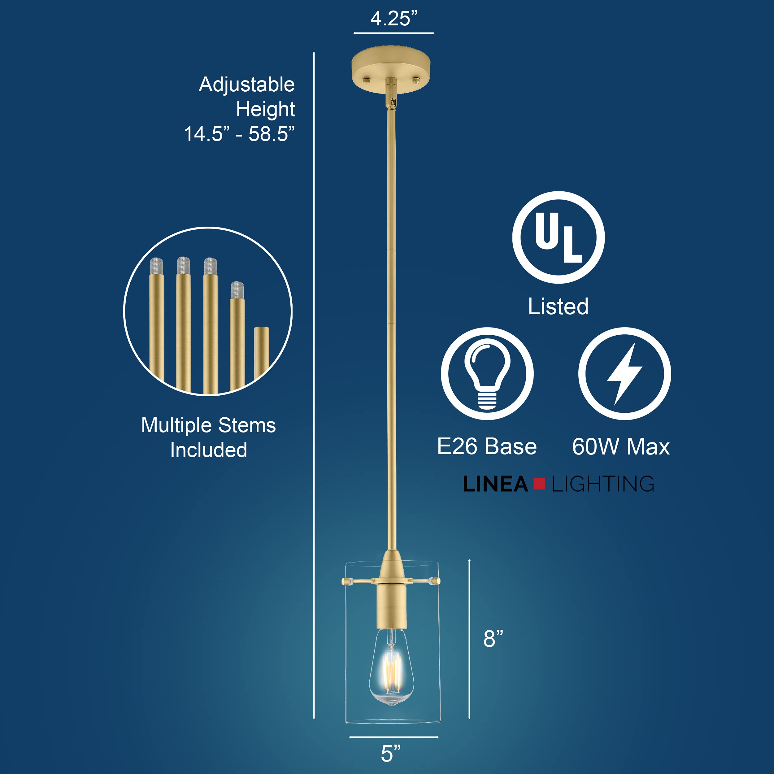 Brass Satin Pendant Light for Kitchen Island - Clear Glass Medium Hanging Fixture | Perfect for Dining Room, Bar, and Home Decor