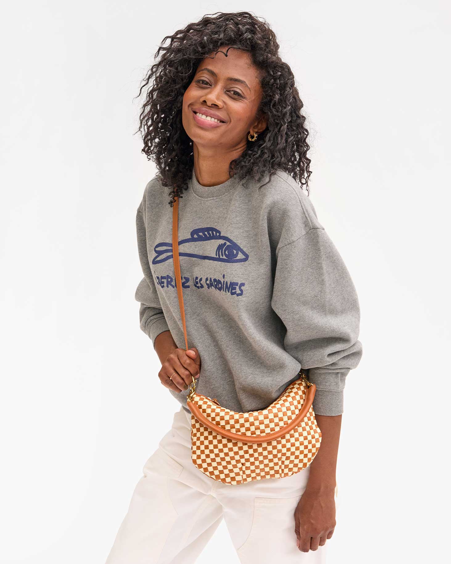 Petit Moyen Messenger Bag in Natural Cream Woven Checker Pattern - Stylish Crossbody Purse for Women, Perfect for Work, Travel & Everyday Use
