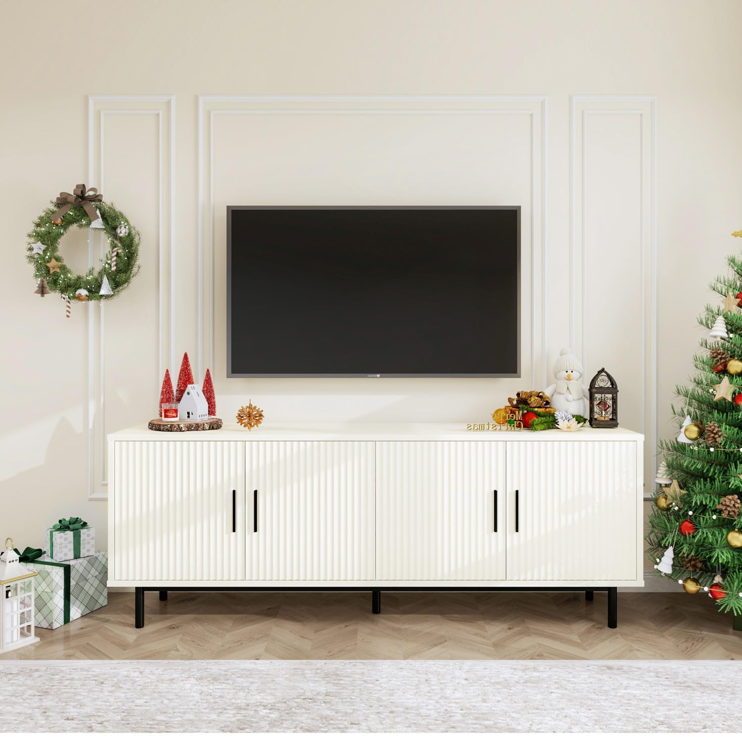 Modern Fluted-Door TV Stand for 80 Inch TVs - Entertainment Center with Storage & Adjustable Shelves - 70