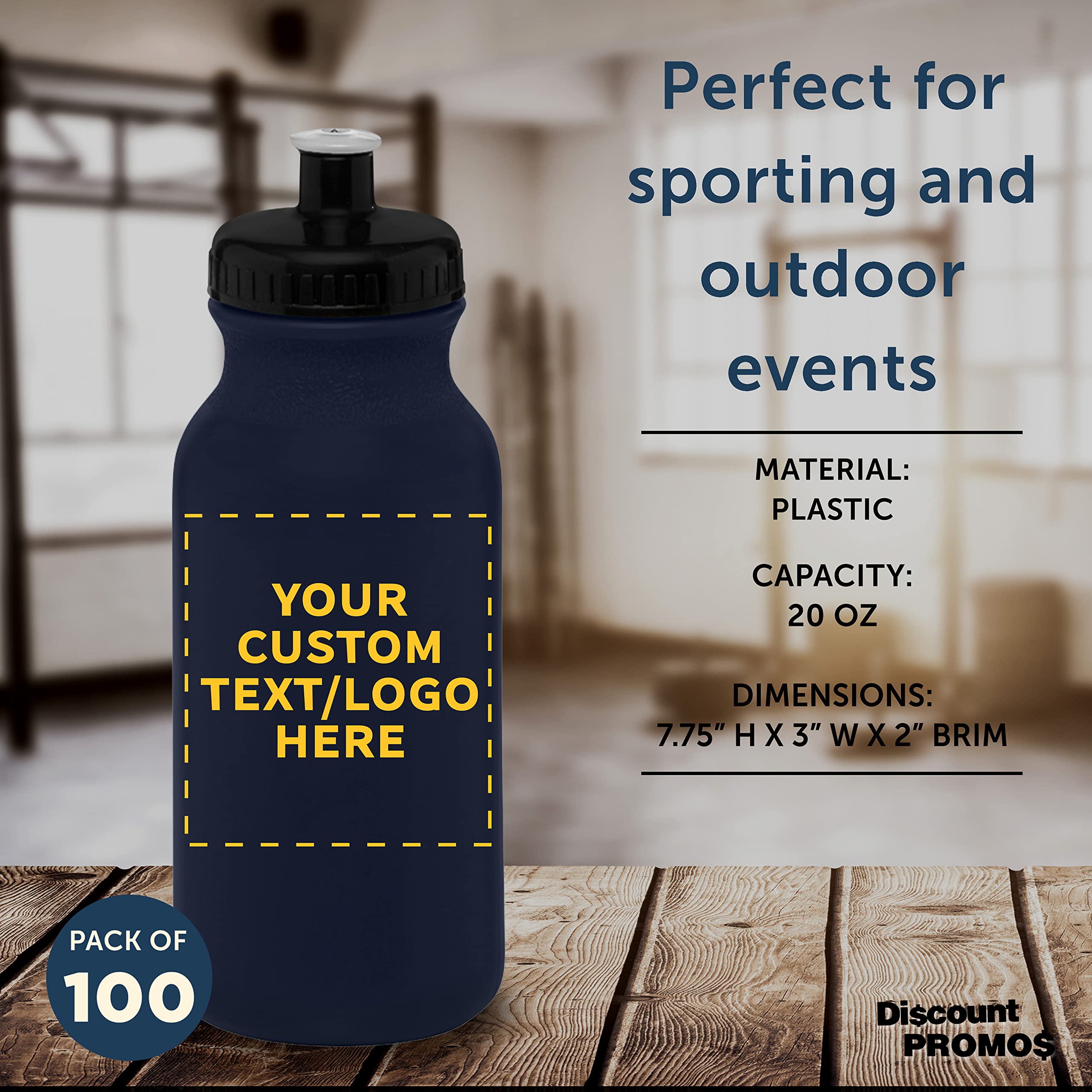 Custom 20 oz. Water Bottles with Push Cap - Bulk Pack of 100 Personalized Navy Blue Sports Bottles | Ideal for Gym, Hiking, Camping & Outdoor Activities | Reusable Hydration for Fitness & Adventure