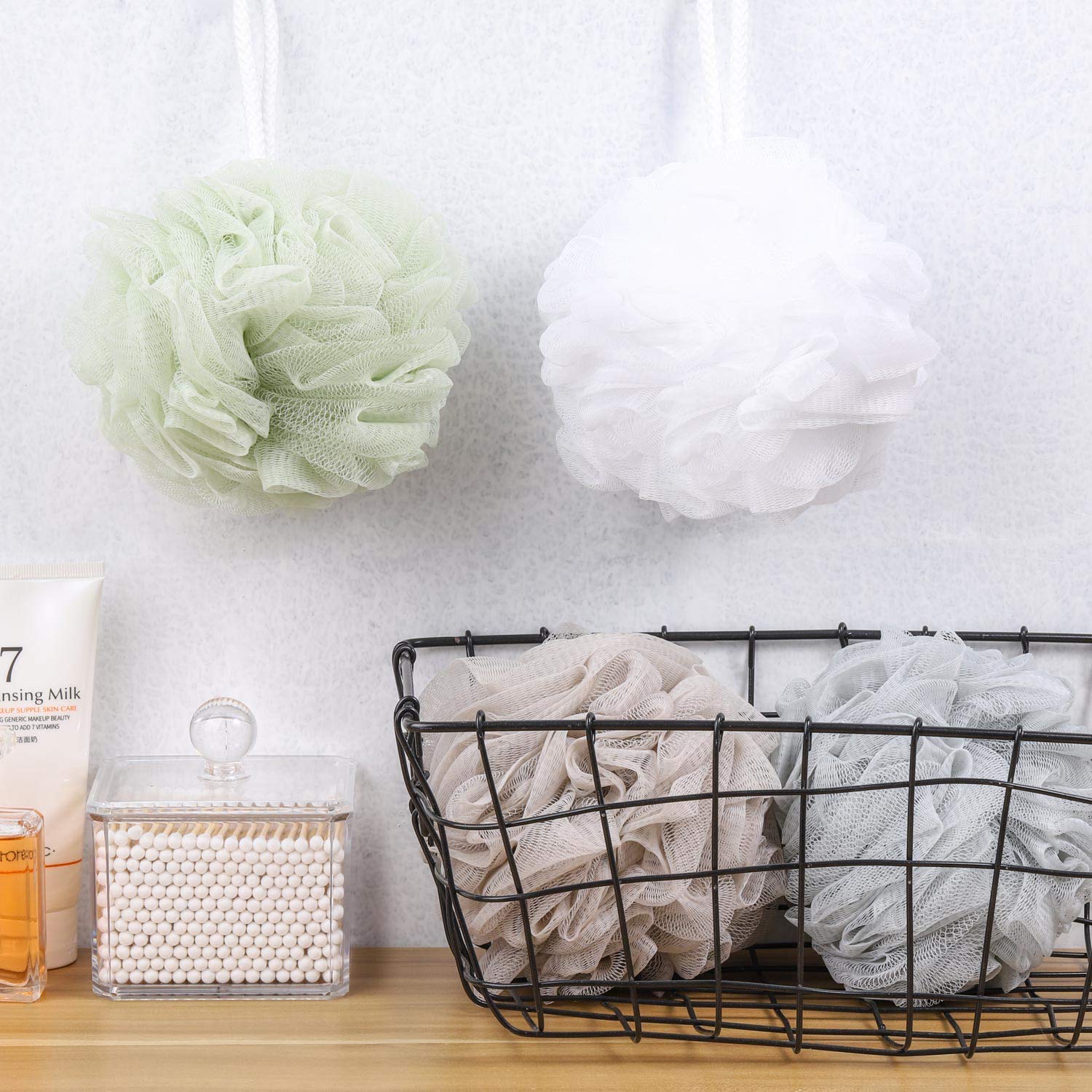BlueFinger Bath Pouf Mesh Loofah Sponge - Soft Exfoliating Shower Pouf for Gentle Skin Cleansing, 4-Pack - Perfect for Daily Shower, Spa & Body Wash Routine