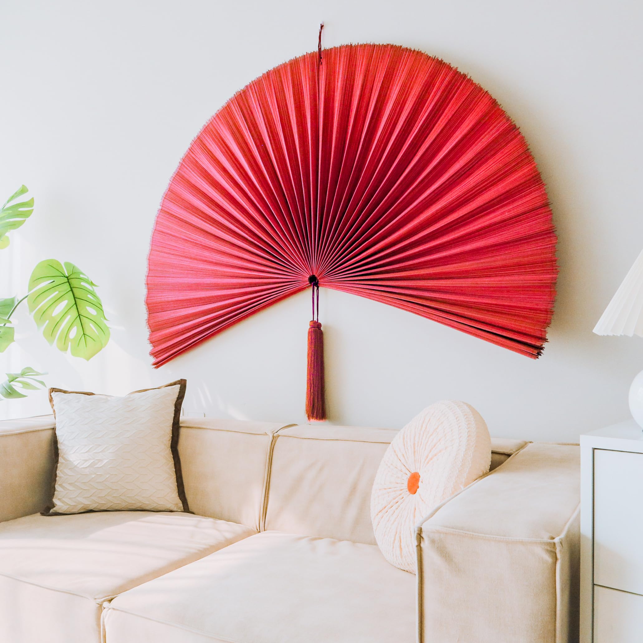Large Folding Bamboo Wall Fan Decor - 47in Handmade Boho Fan Wall Art, Over Bed Headboard Decor for Bedroom, Living Room, and Patio - Red (M)