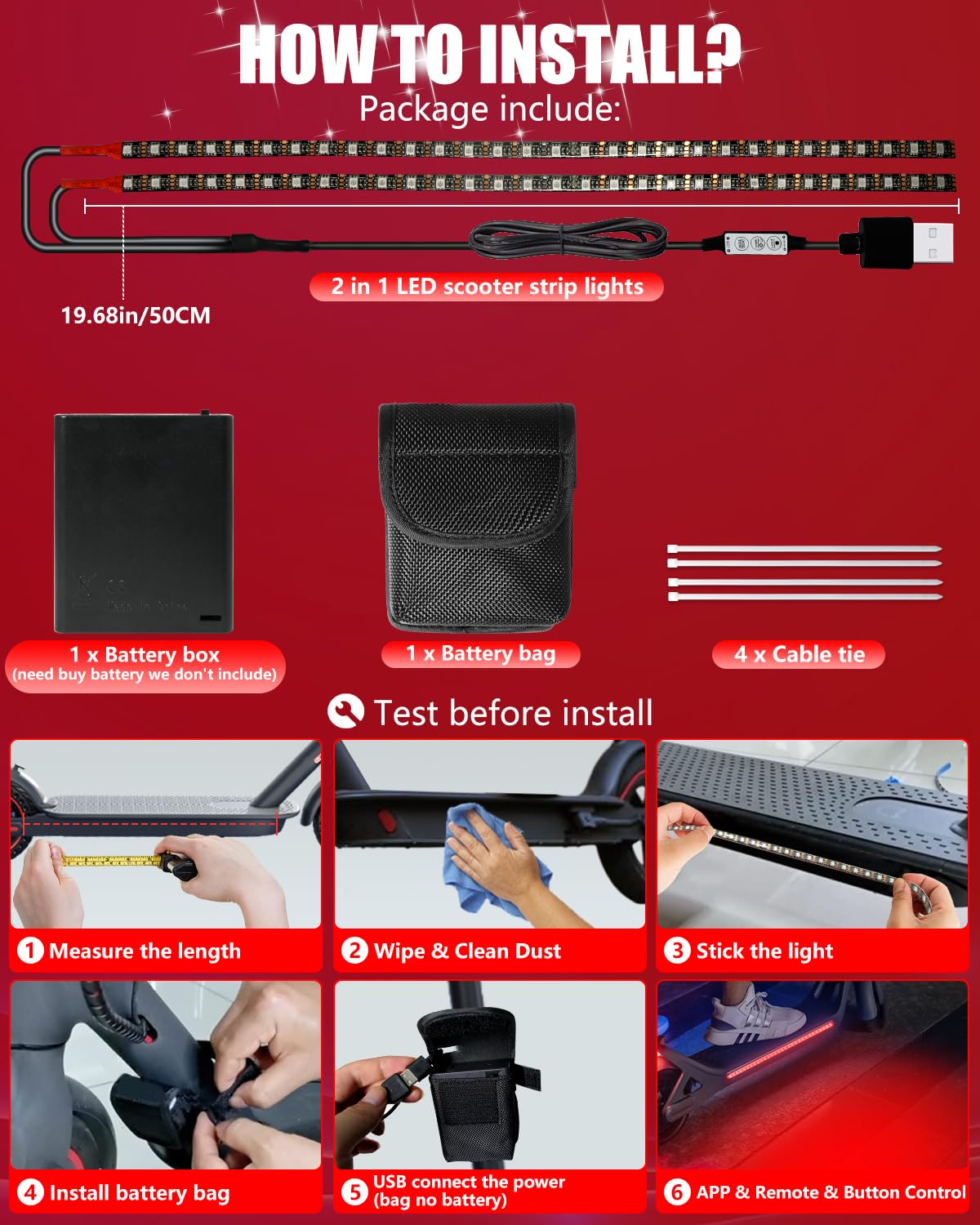 Keiurot LED Strip Lights for Electric Scooters - 5V Red Flashing Lights for Xiaomi M365/Pro/Ninebot/Mercane - Waterproof Night Riding Lights for Skateboards & Scooters - Perfect for Urban Commuting & Nighttime Safety