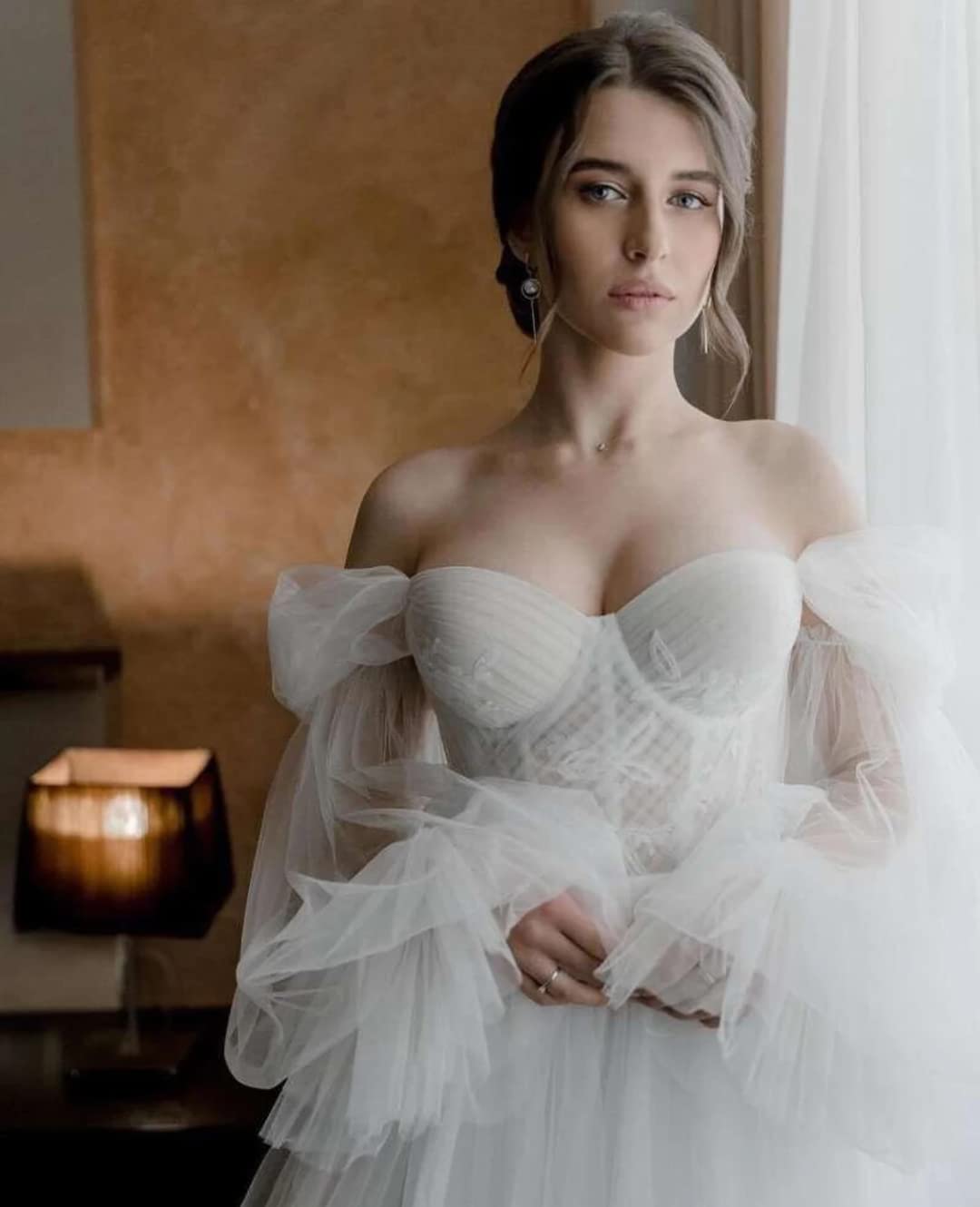 XYAYE Off Shoulder Long Sleeve Lace Wedding Dress with Train - Elegant Tulle Bridal Gown for Bride | Perfect for Church Ceremony, Beach Wedding & Romantic Photoshoots