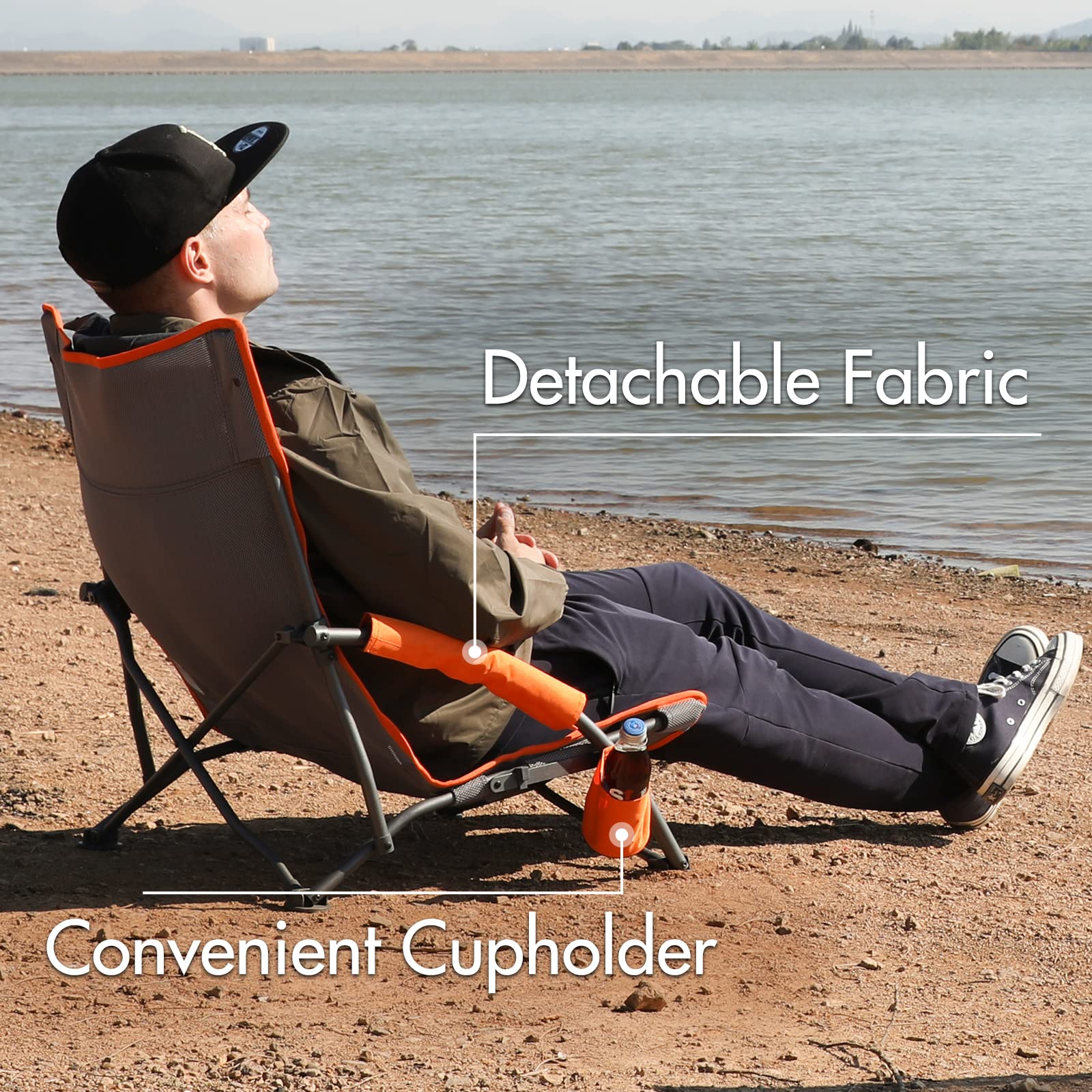 Best Lightweight Portable Beach Chair for Adults - 300LBS Capacity, Low Camping Chair with Cup Holder & Mesh Back, Foldable Outdoor Chair with Carry Bag - Perfect for Beach, Picnic, Travel, Concert & Festival Use