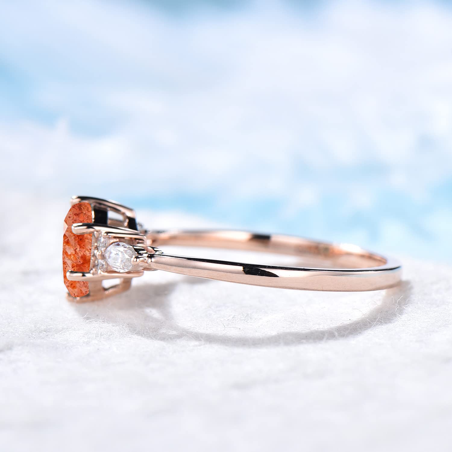 Genuine Sterling Silver Hexagon Cut Sunstone Ring with Rose Gold Cluster - Orange Stone Engagement Ring for Women, Size 4-10 - Perfect for Birthdays, Anniversaries & Special Occasions - Comes with Gift Box